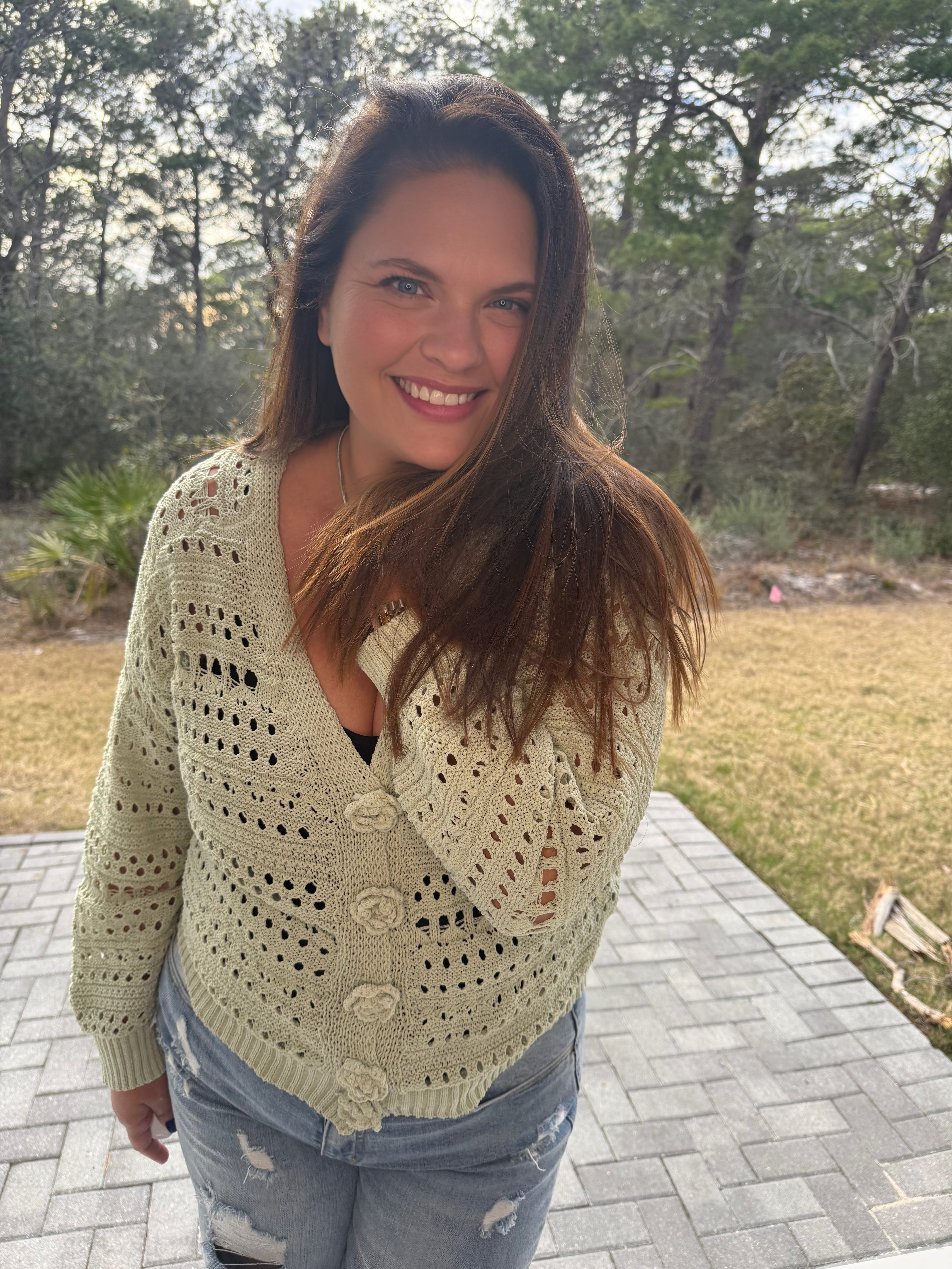 Preorder: 3D Floral Buttons Long Sleeve Thin Sweater Knit Cardigan by POL (ETA: May) - BFF Here