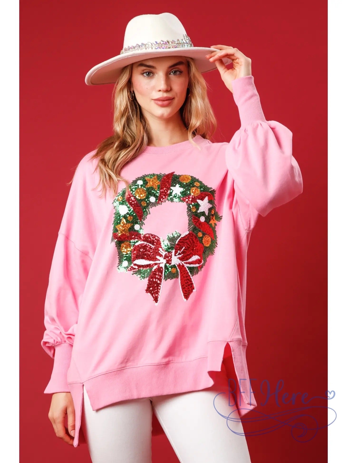 Festive Sparkle Sequin Christmas Wreath Sweatshirt / Choice of Color (Pink Ships Beginning of November) - BFF Here