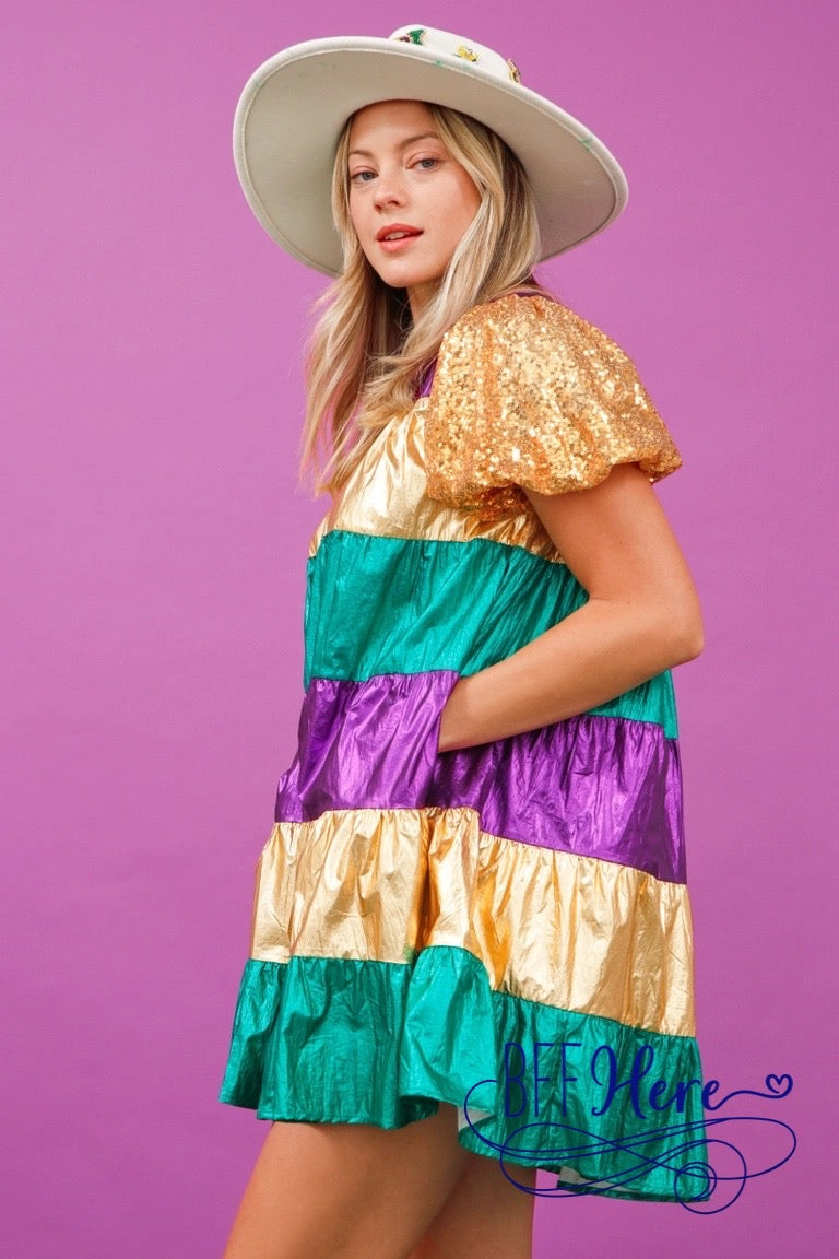 Carnival Glitz: Sequin Sleeve Color Block Dress - BFF Here