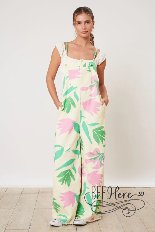 PREORDER: Island Breeze: Tropical Print Denim Jumpsuit (Ships End of April) - BFF Here