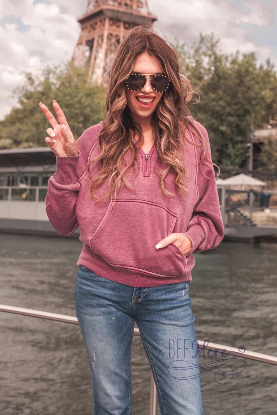 Carly Hooded Quarter Zip Pullover - BFF Here