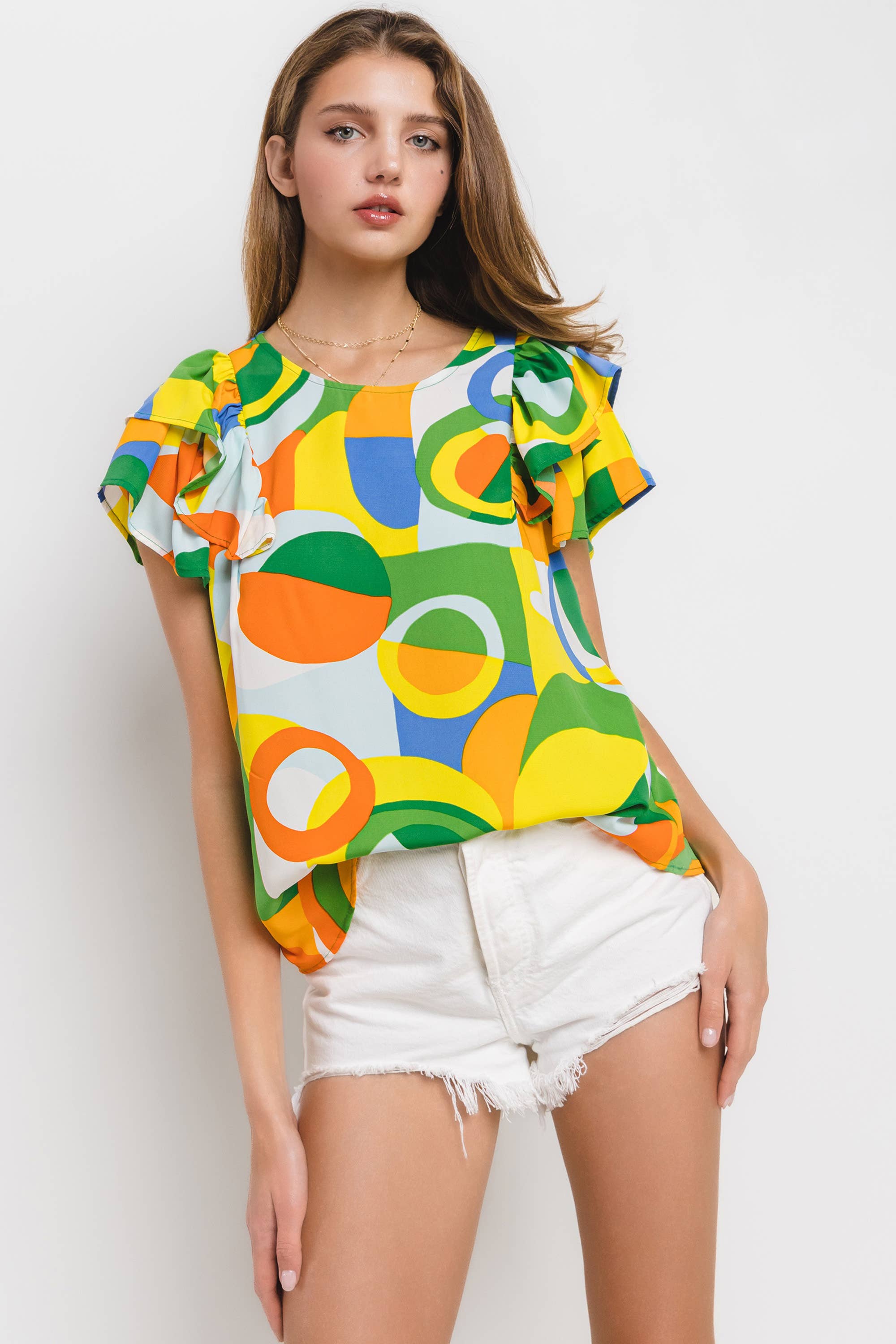 Abstract Sunshine Geometric Ruffle Sleeve Top / Choice of Color - BFF Here
