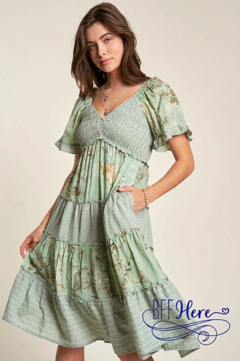 PREORDER: Botanical Bliss: Striped & Floral Smocked Ruffle-Tiered Dress (Ships Middle of February) - BFF Here