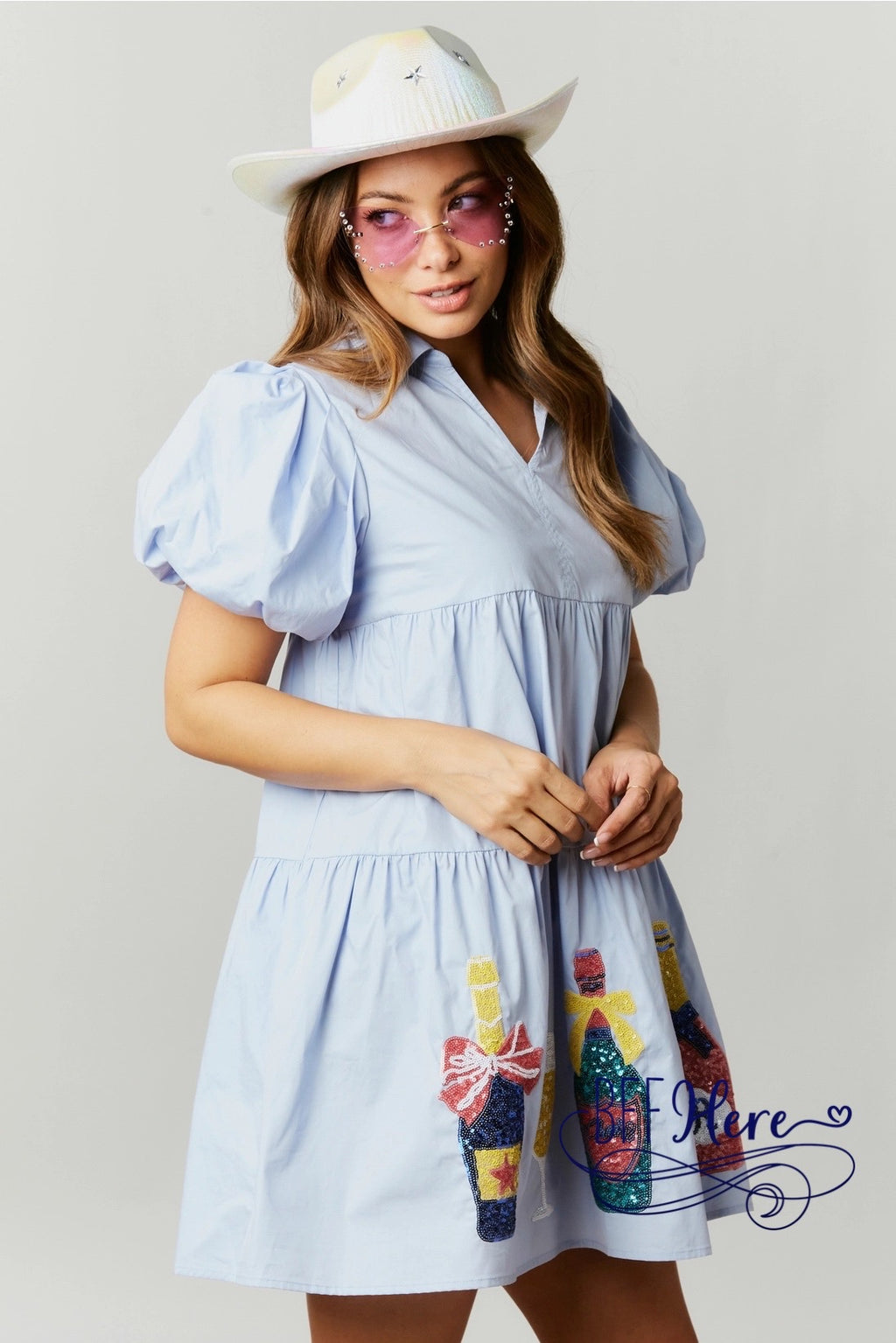 Bubbly Elegance: Champagne Sequin Patch Babydoll Mini Dress - BFF Here