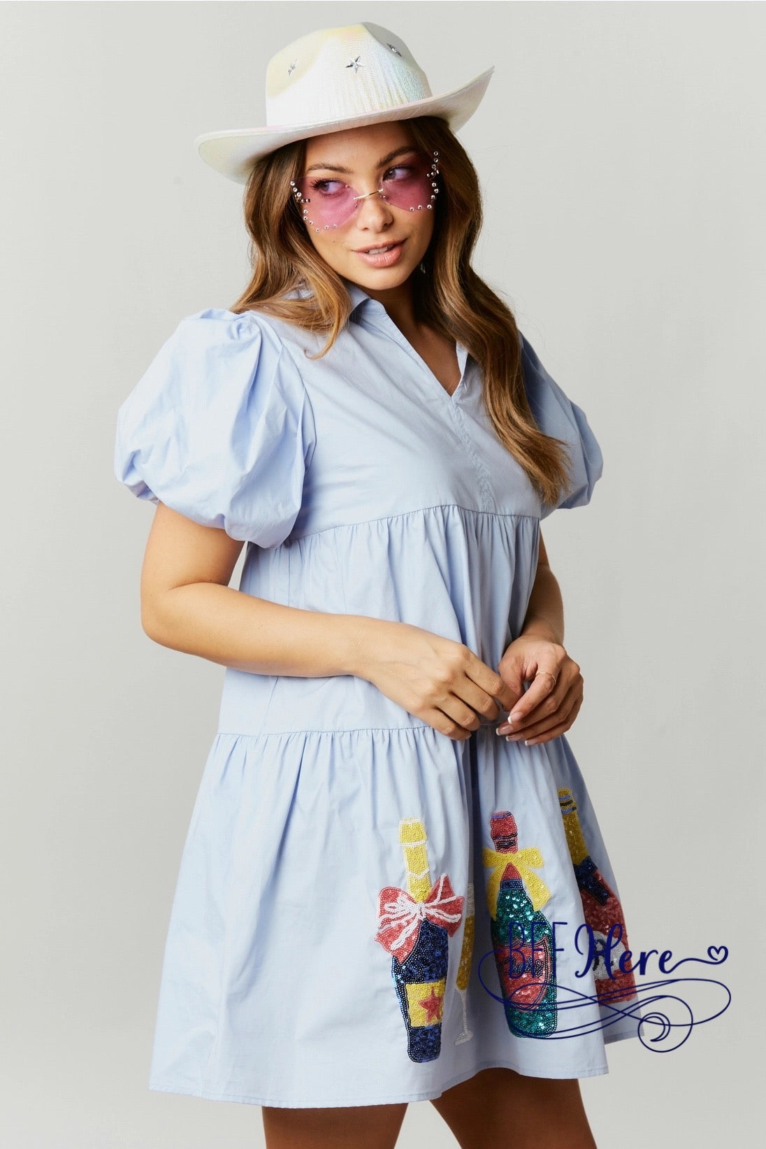 Bubbly Elegance: Champagne Sequin Patch Babydoll Mini Dress - BFF Here