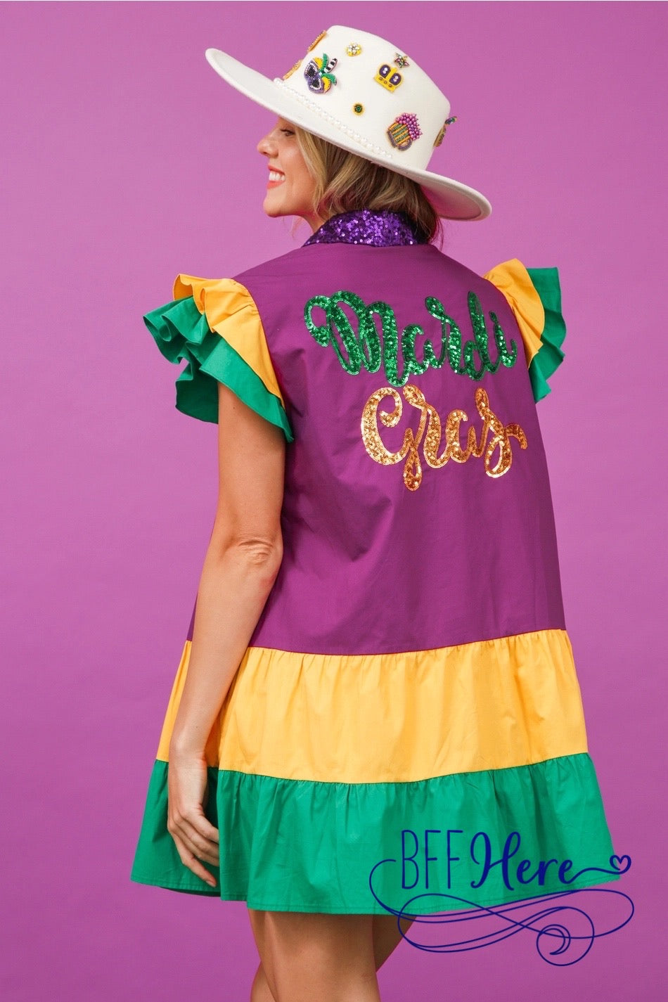 Mardi Gras Magic: Color Block Dress with Ruffle Sleeves - BFF Here