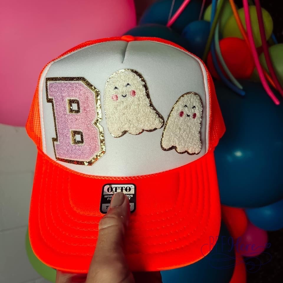 Haunt in Style: Boo Chenille Patch Trucker Hat - BFF Here