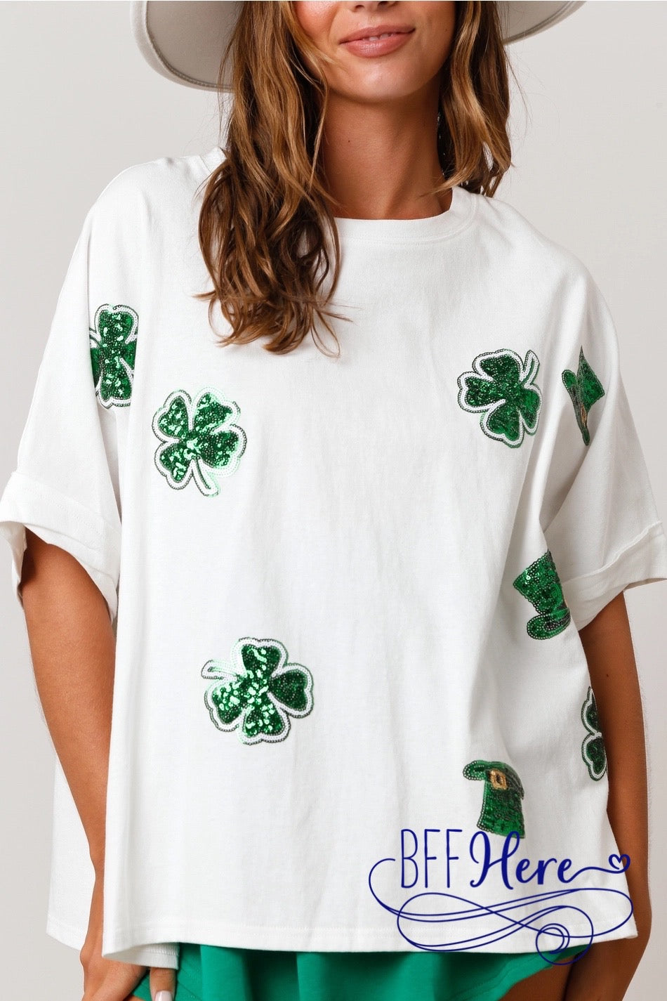 Shamrock Spark: St. Patrick's Sequin Clover Patch Tee - BFF Here