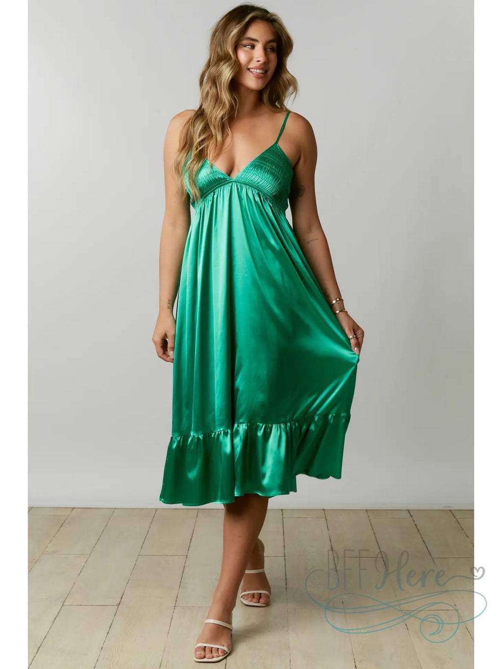 Enchanted Emerald: Luxurious Satin Babydoll Dress - BFF Here