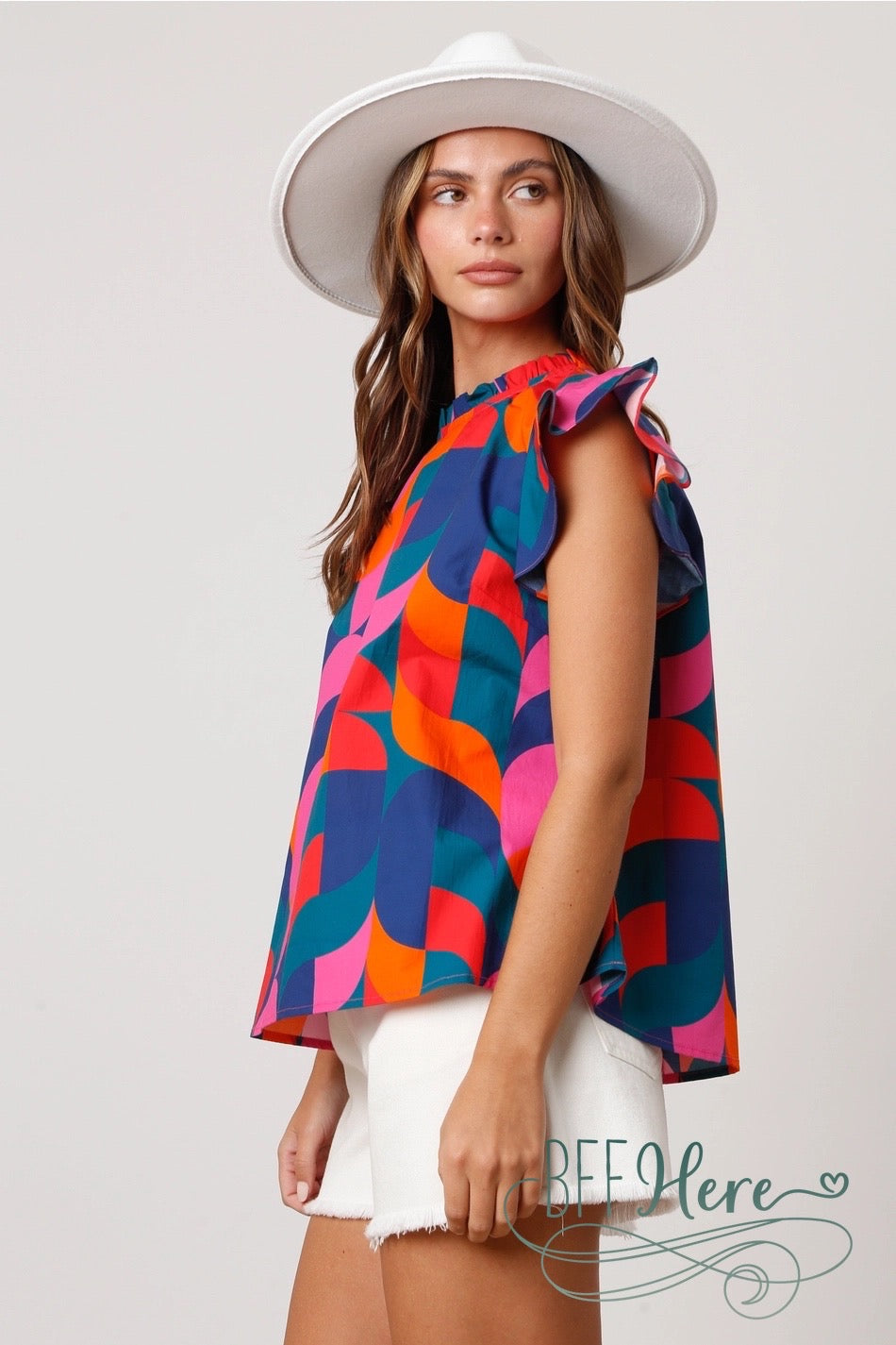 Geometric Grace: Chic Ruffle Neck Top - BFF Here