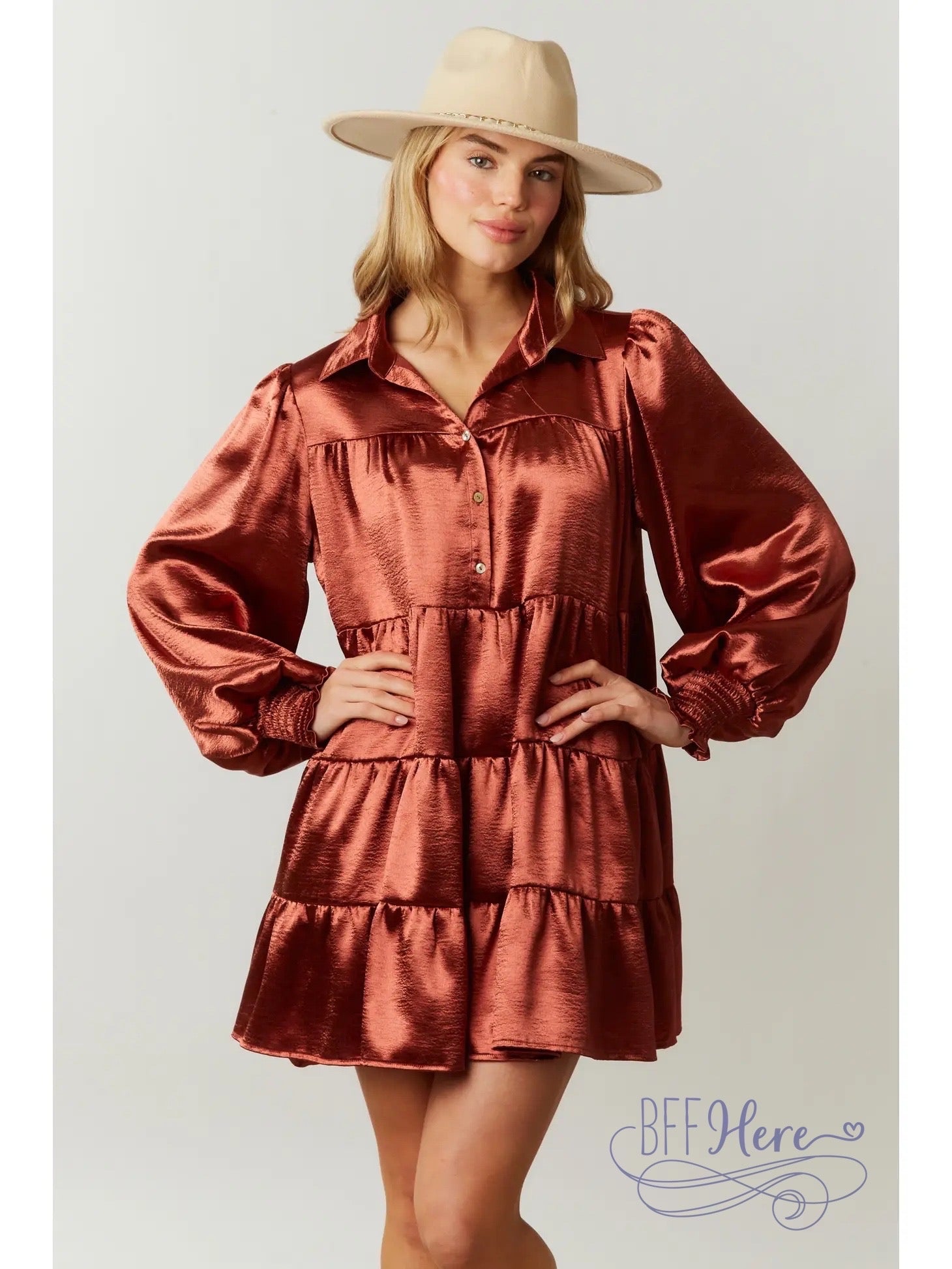 PREORDER: Radiant Ruffles: Bronze Satin Tiered Bottom Dress (Ships Beginning of October ) - BFF Here