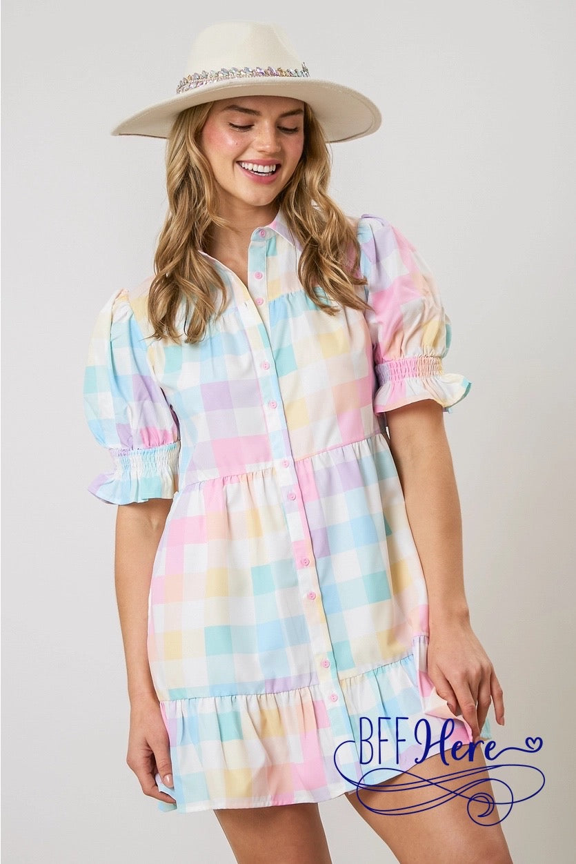 PREORDER: Pastel Perfection: Chic Checker Poplin Shirt Dress (Ships Middle of March) - BFF Here