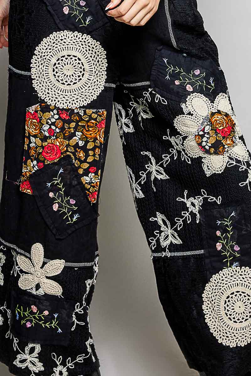 Floral Patch Stitch Detail Wide Leg Woven Overalls by POL (Ships 2-3 weeks) - BFF Here