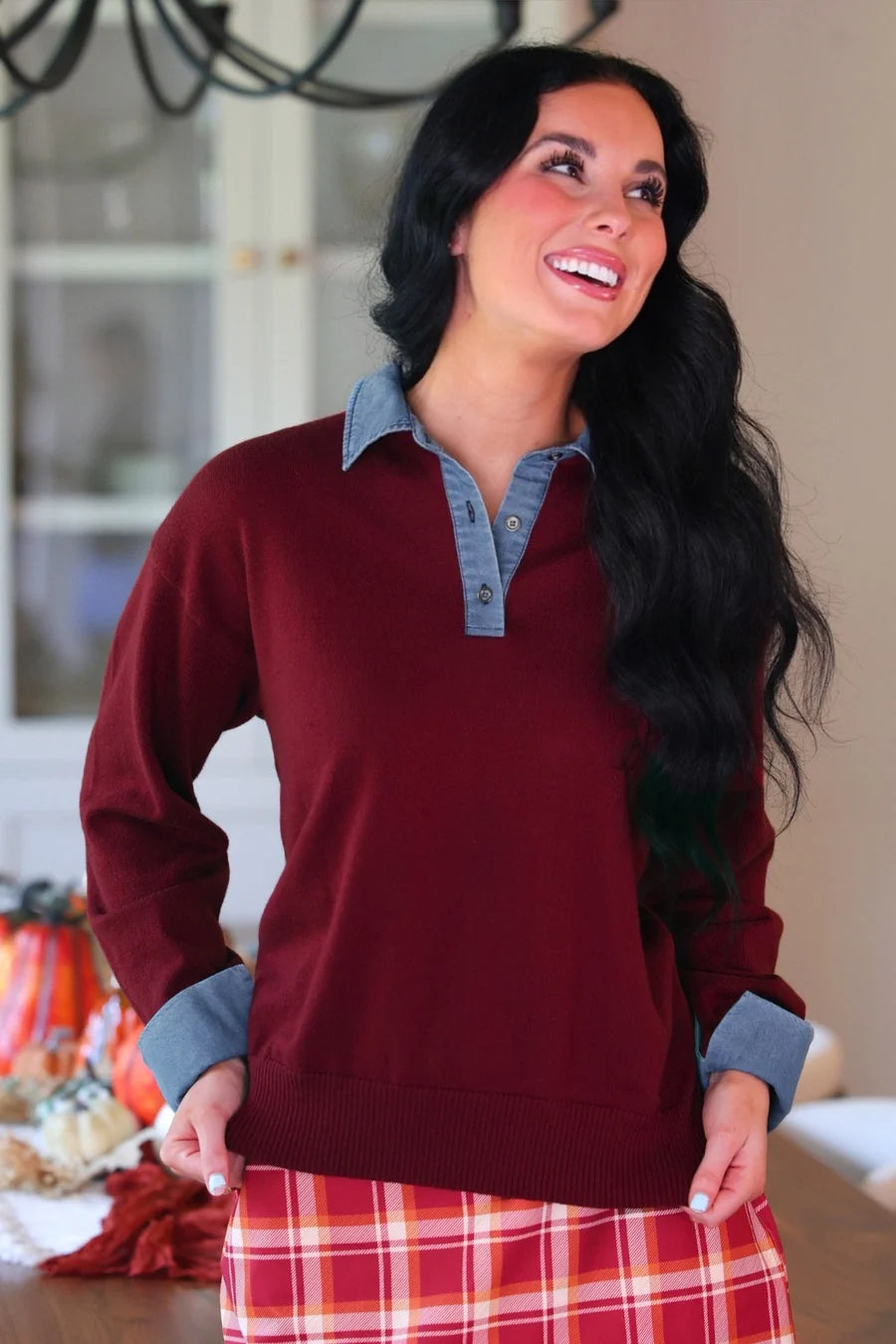 PREORDER: Denim Trim Knit Sweater / Burgundy  by Jess Lea  (ETA: September)