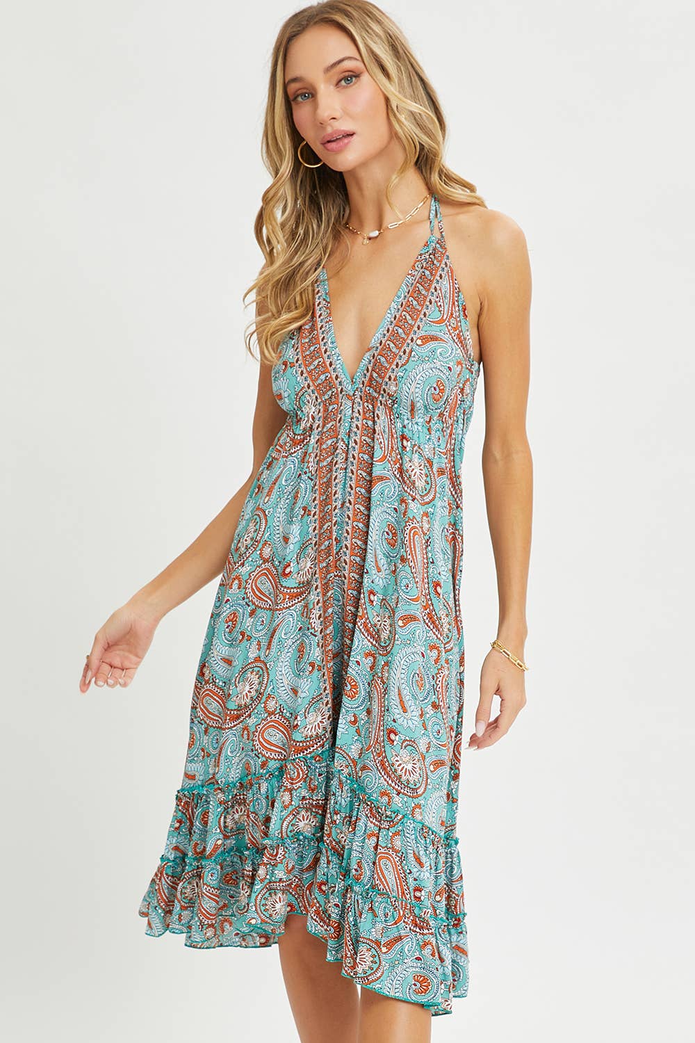 Paisley Paradise Halter Neck Ruffle Dress - BFF Here