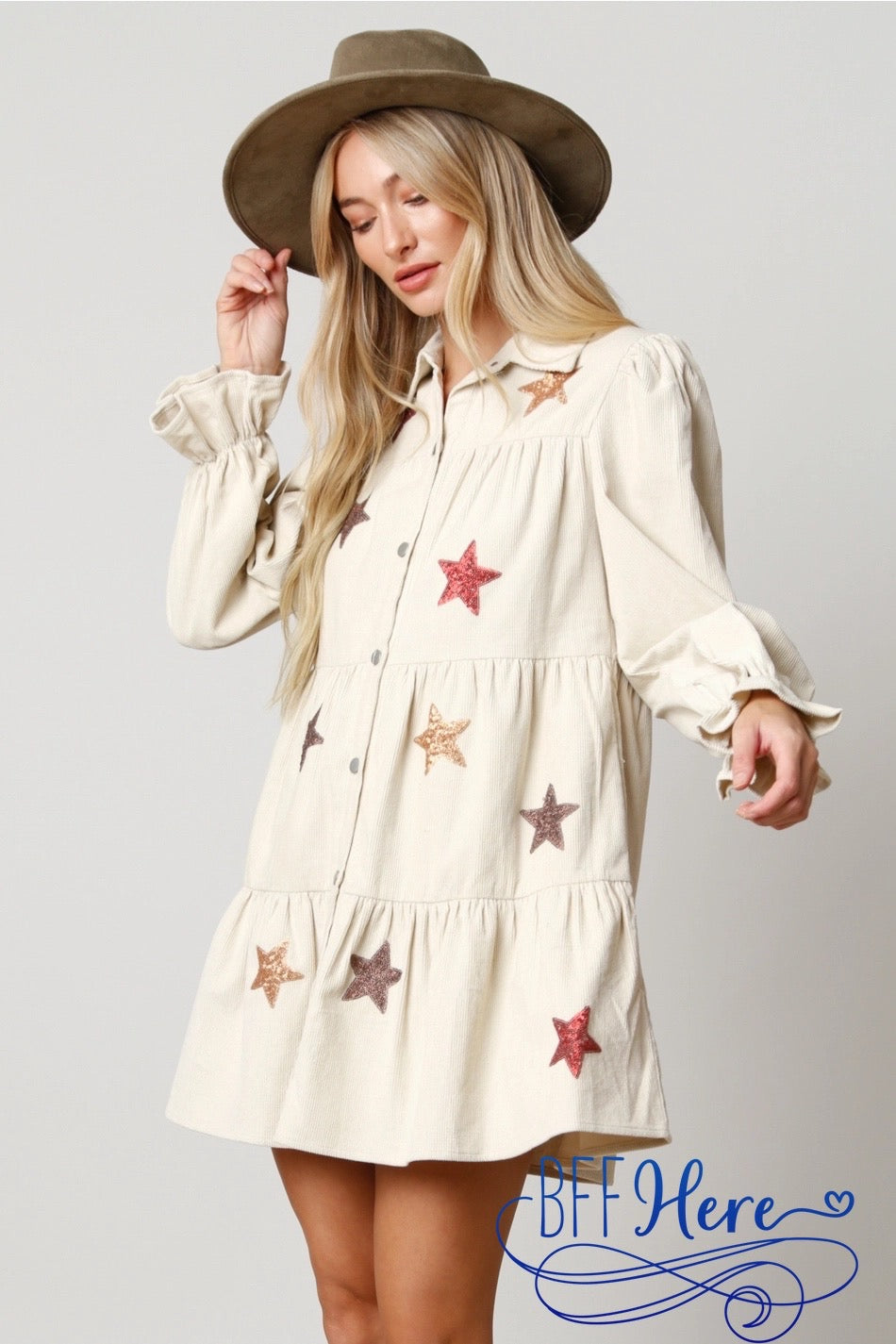 Celestial Sparkle: Star Sequin Corduroy Tiered Shirt Dress - BFF Here