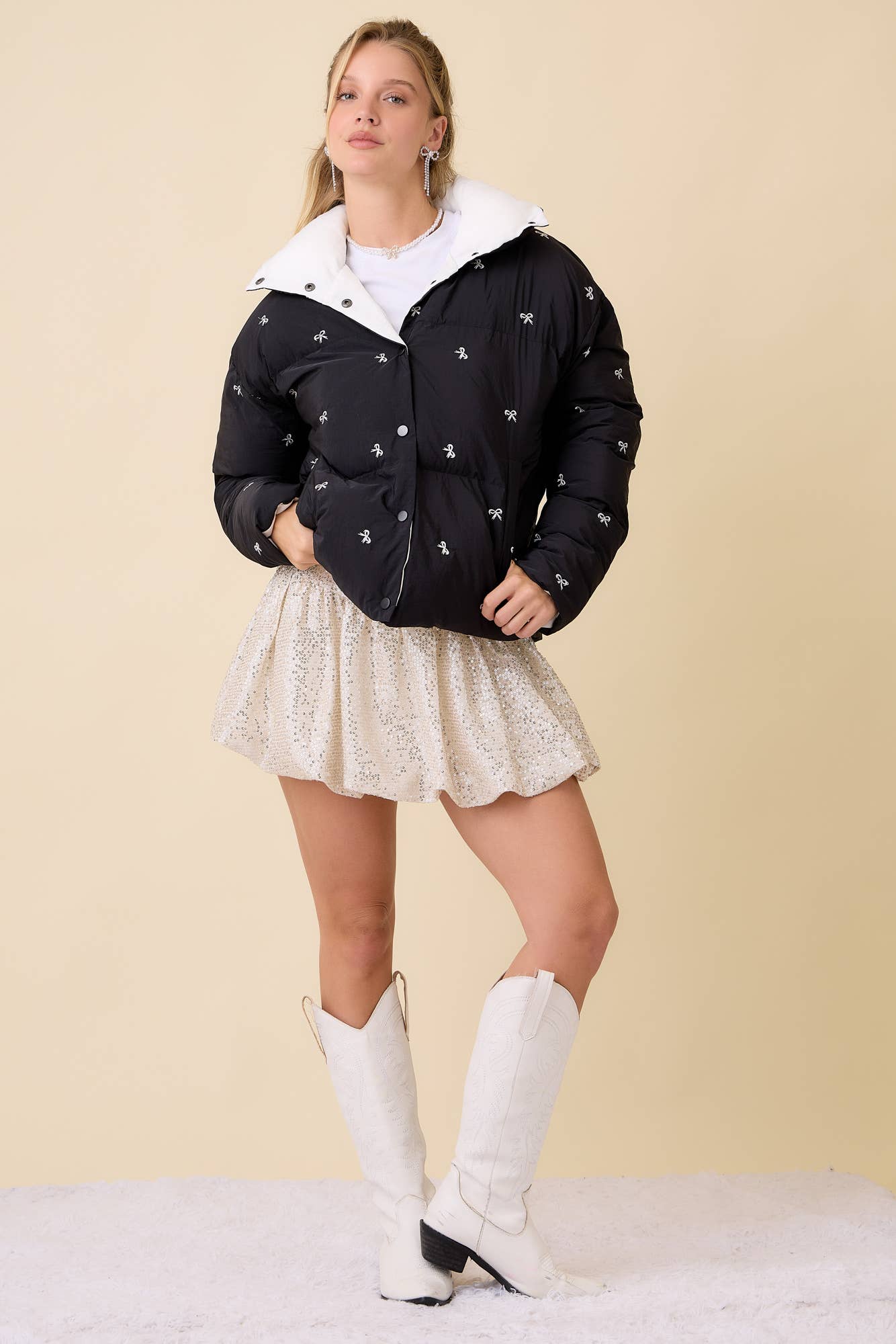 Ribbon Bow Embroidered Puffer Jacket - BFF Here