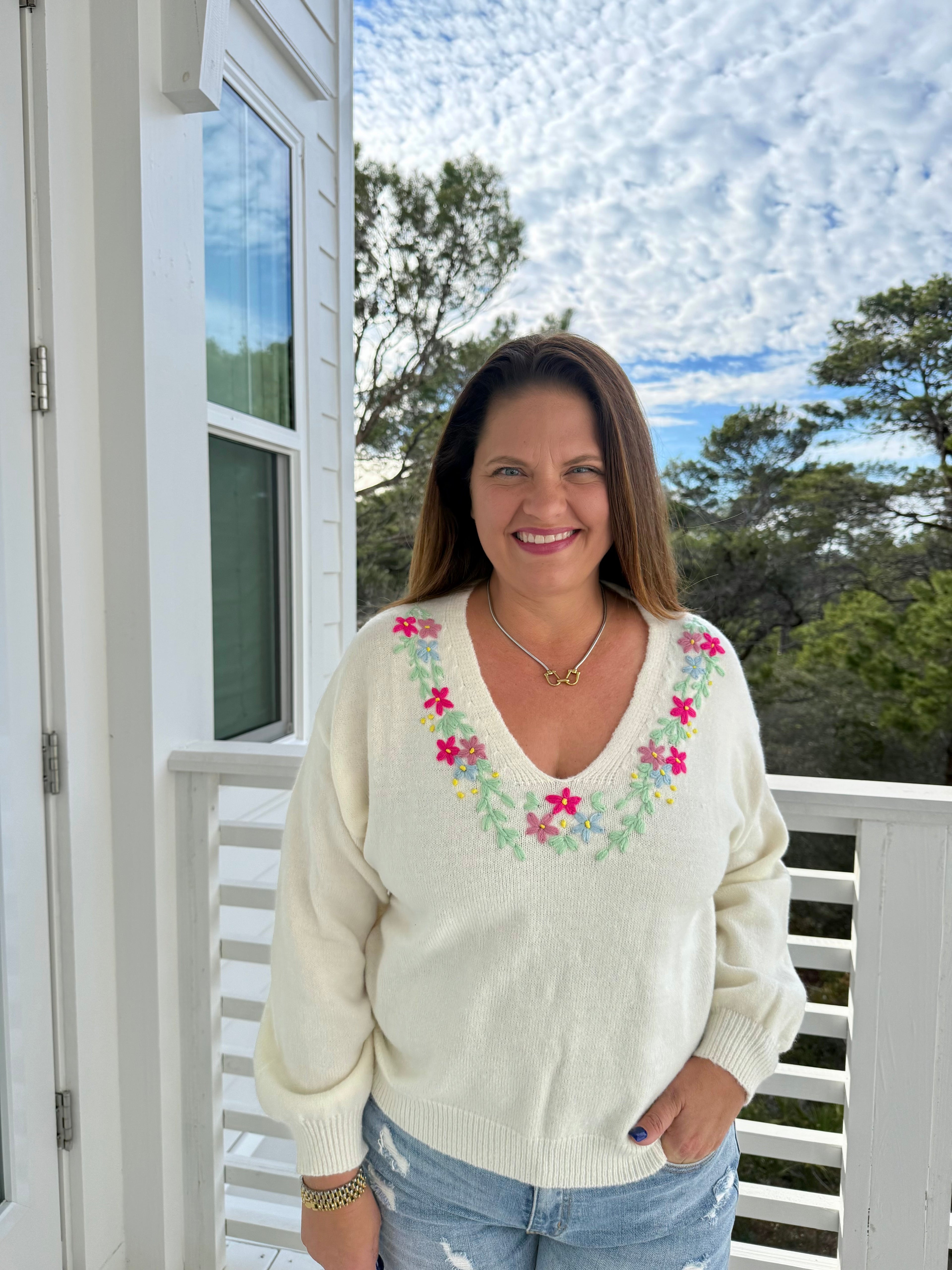 Relaxed Fit V Neck Sweater with Floral Embroidery by Sew In Love (Ships 2-3 weeks) - BFF Here