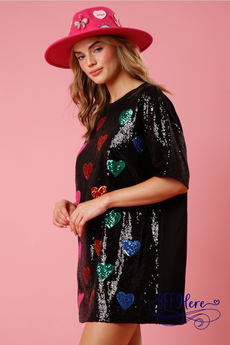 Color Burst: Rainbow Hearts Sequin T-Shirt Dress - BFF Here