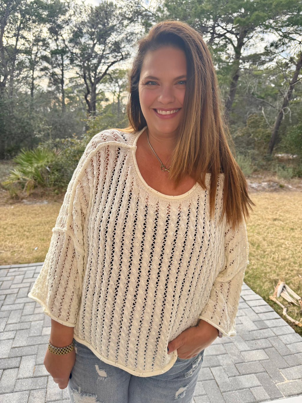 3/4 Sleeve Solid Shiny Thin Acrylic Sweater Cropped Top by POL (Ships 2-3 weeks) - BFF Here