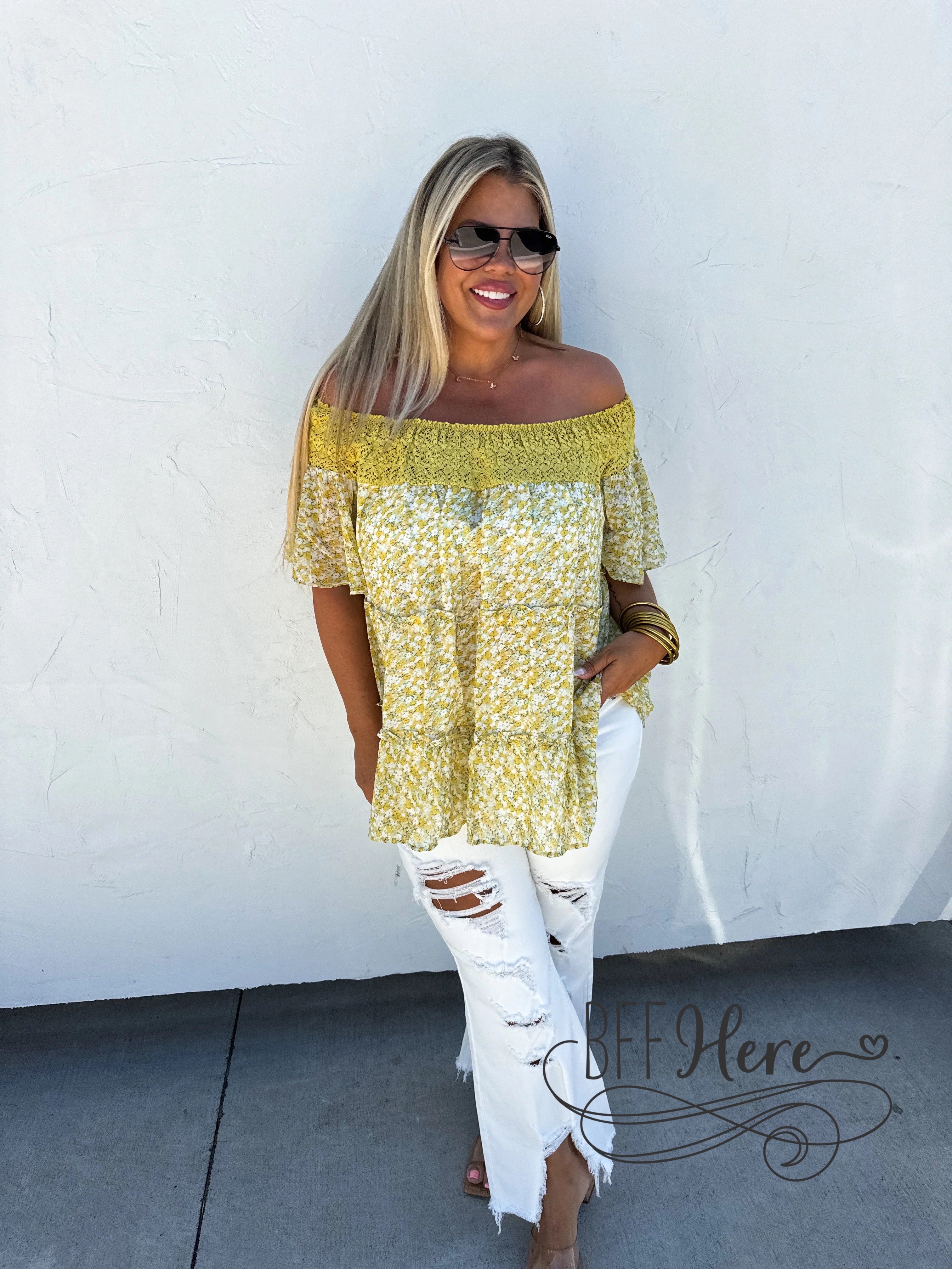 Sunshine Charm: Floral Off-Shoulder Blouse - BFF Here