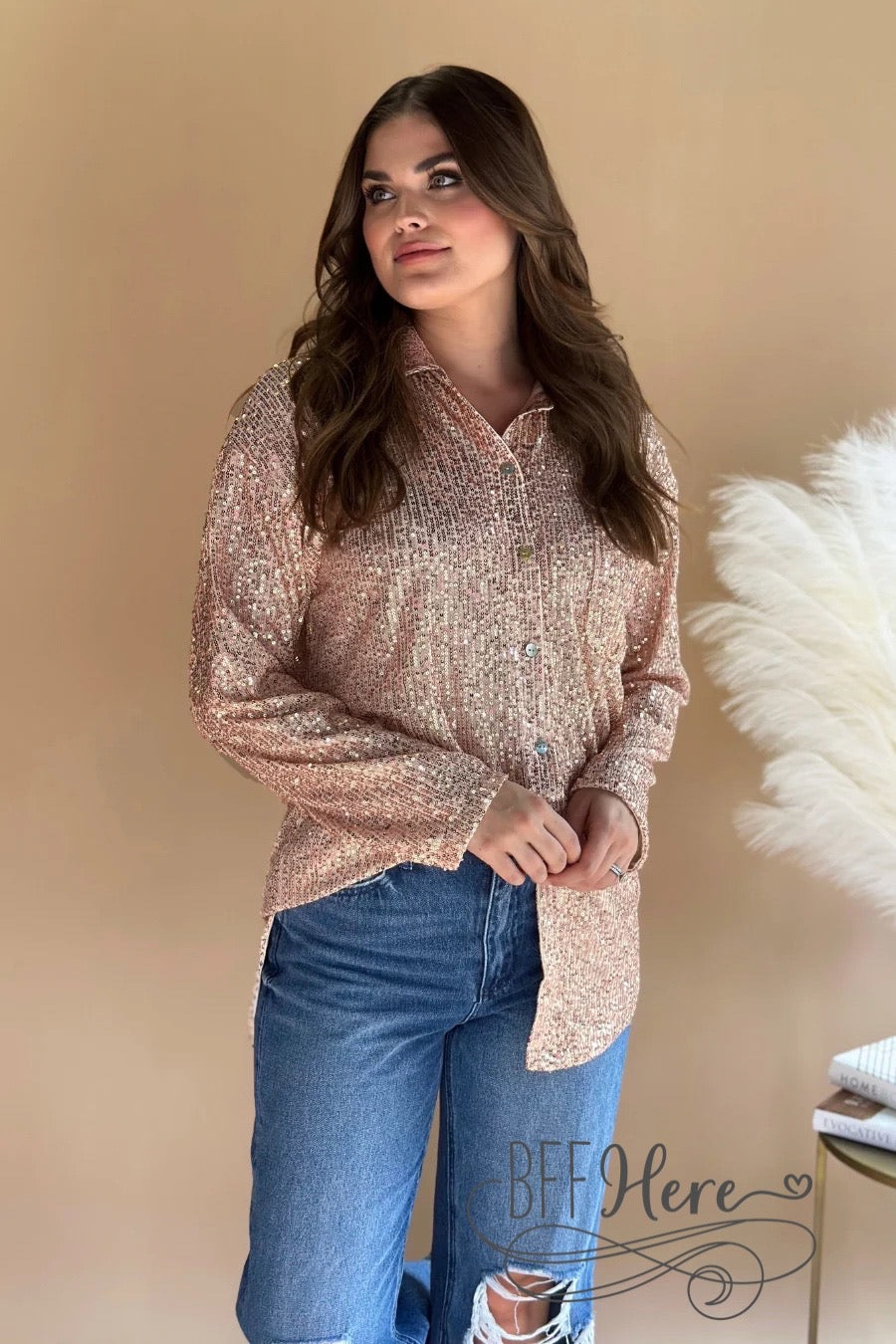 Attention Seeker Sequin Button Up Top — Rose Gold - BFF Here