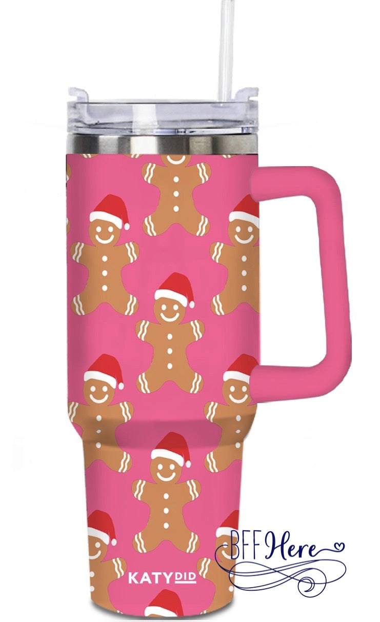 Santas and Sweets: Gingerbread Men with Santa Hats Tumbler Cup - BFF Here