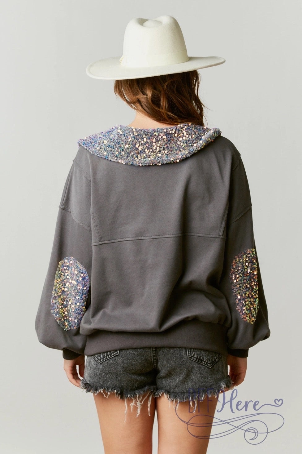 Elegant Fusion: French Terry & Sequin Half-Zip - BFF Here