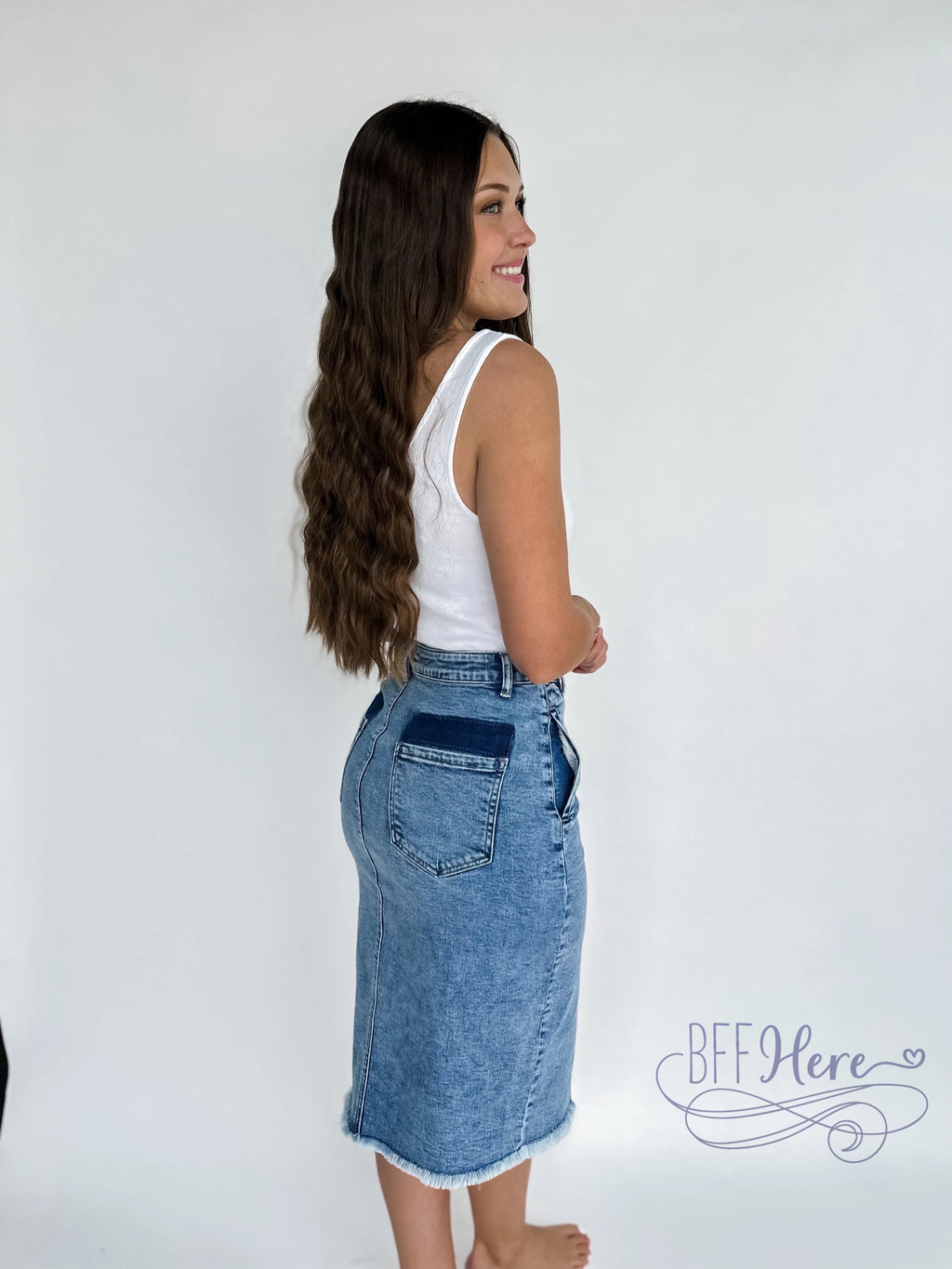 PREORDER: Denim Dreams: Asymmetrical Front-Button Denim Skirt  (Ships Middle Of October) - BFF Here