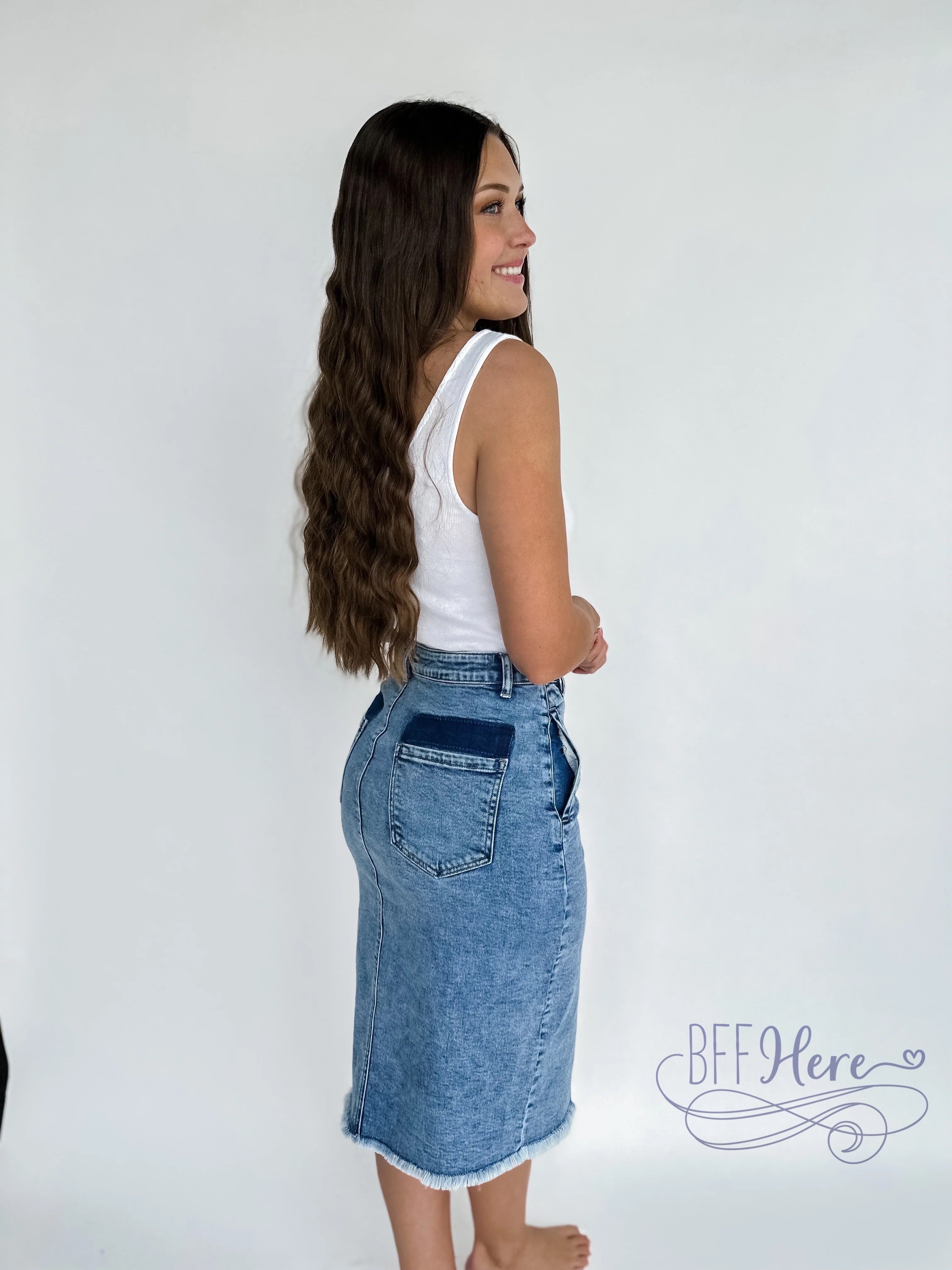 PREORDER: Denim Dreams: Asymmetrical Front-Button Denim Skirt  (Ships Middle Of October) - BFF Here