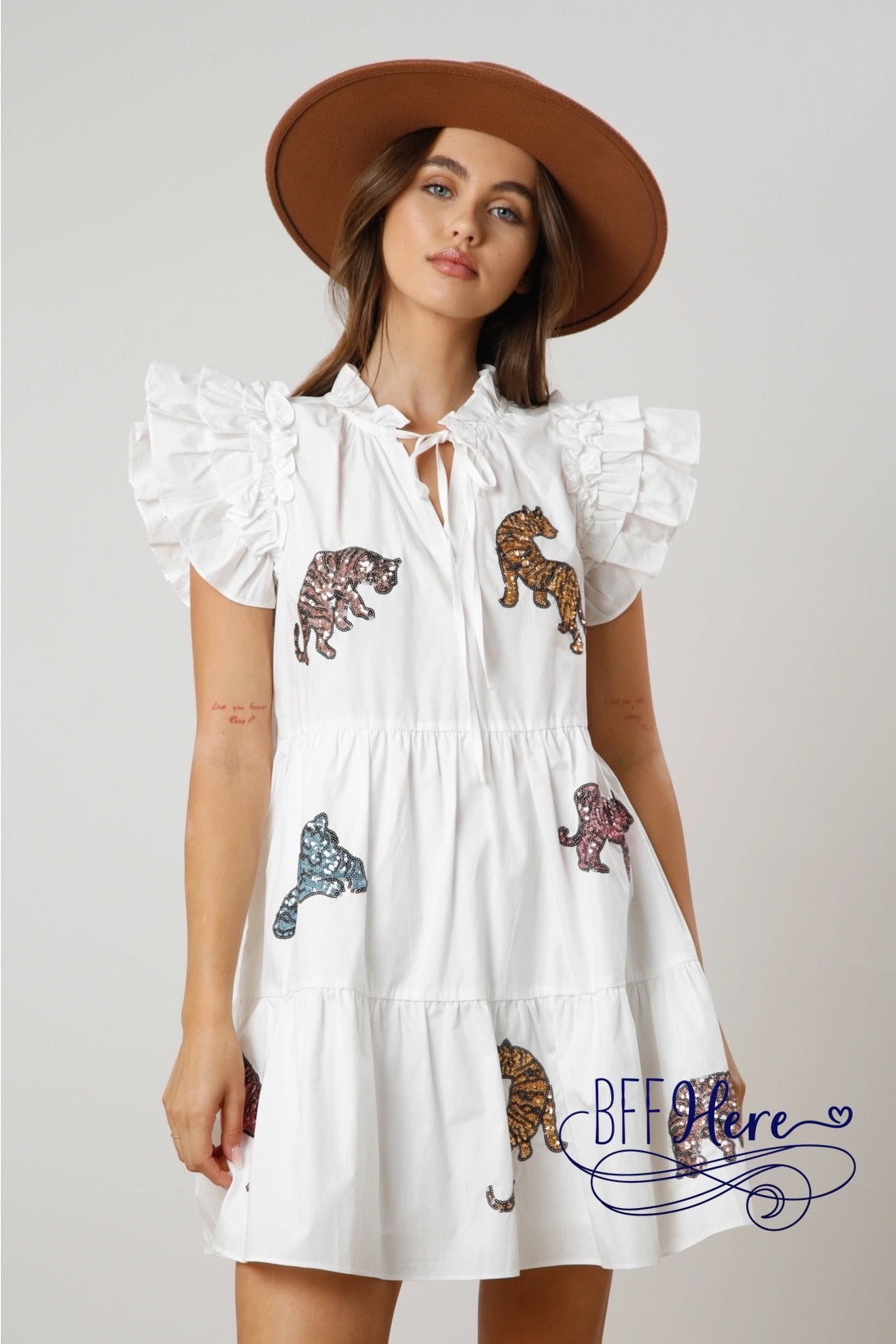 Glittering Jungle: Sequin Tiger Tiered Mini Dress / Choice of Color - BFF Here