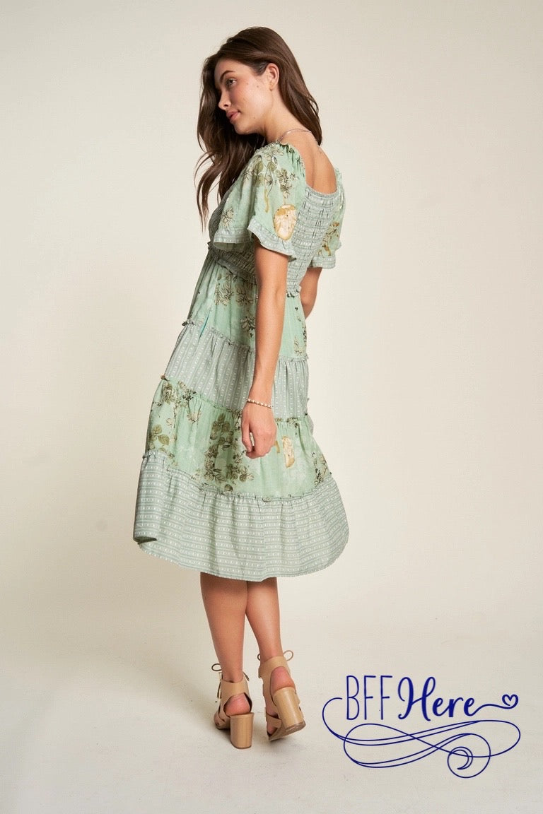PREORDER: Botanical Bliss: Striped & Floral Smocked Ruffle-Tiered Dress (Ships Middle of February) - BFF Here