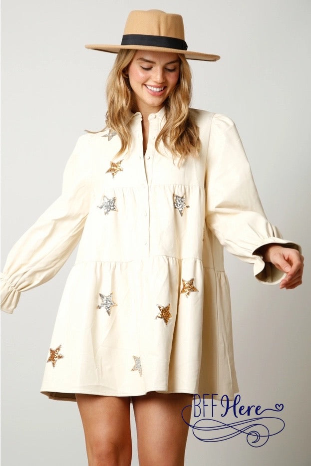 Midnight Spark: Leather Shirt Dress with Sequin Stars / Choice of Color) - BFF Here