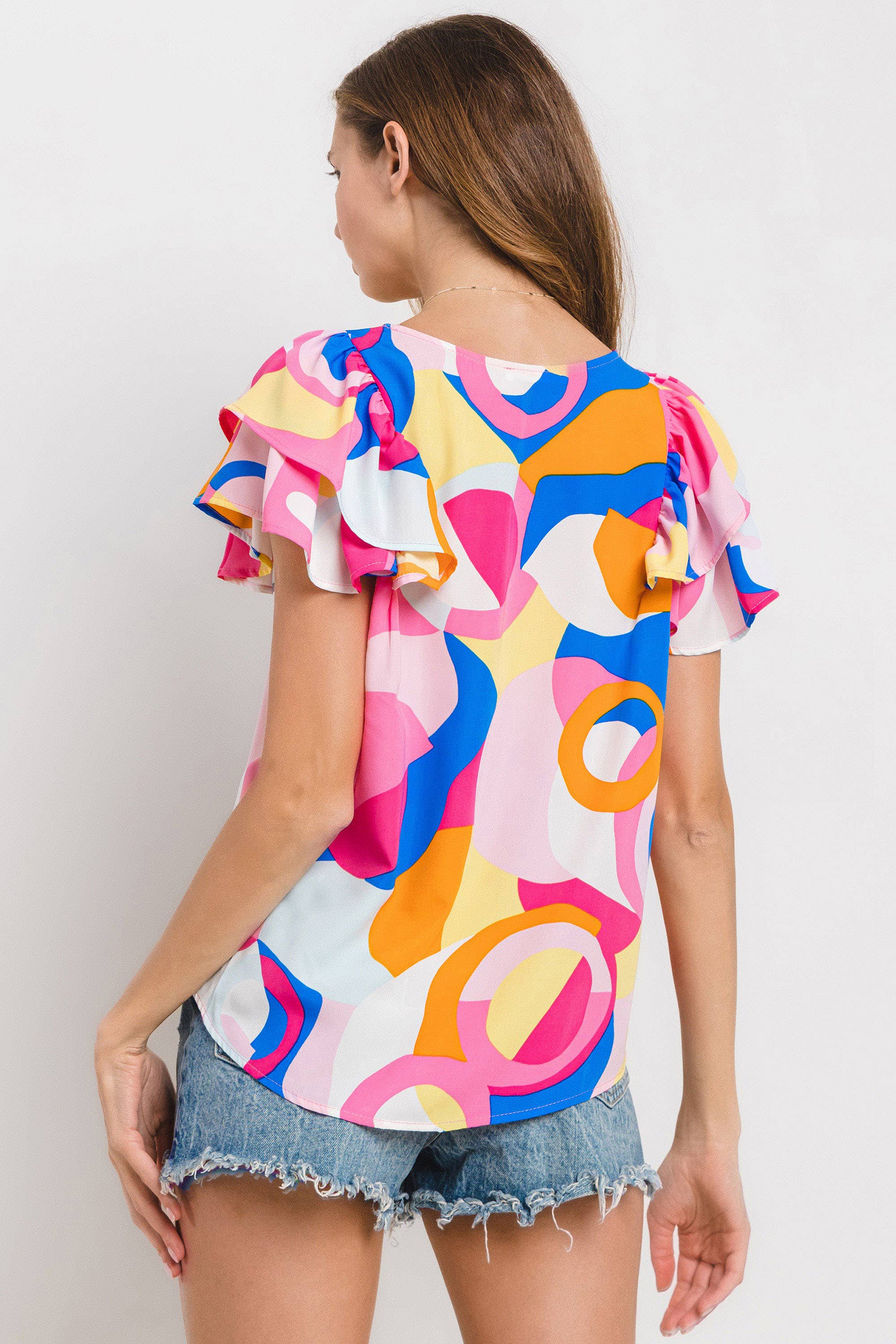 Abstract Sunshine Geometric Ruffle Sleeve Top / Choice of Color - BFF Here