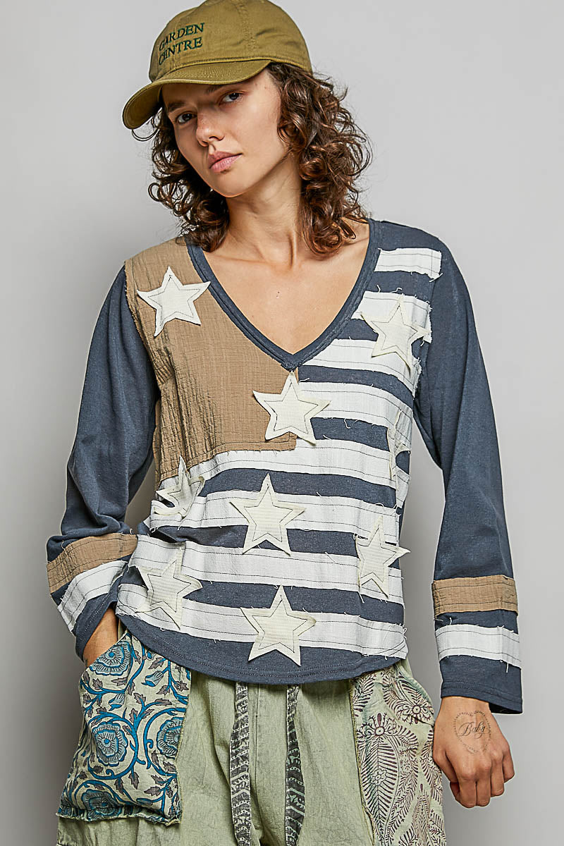 Vintage Washing V-Neck American Flag Patch Long Sleeve Top by POL (Ship time varies) - BFF Here