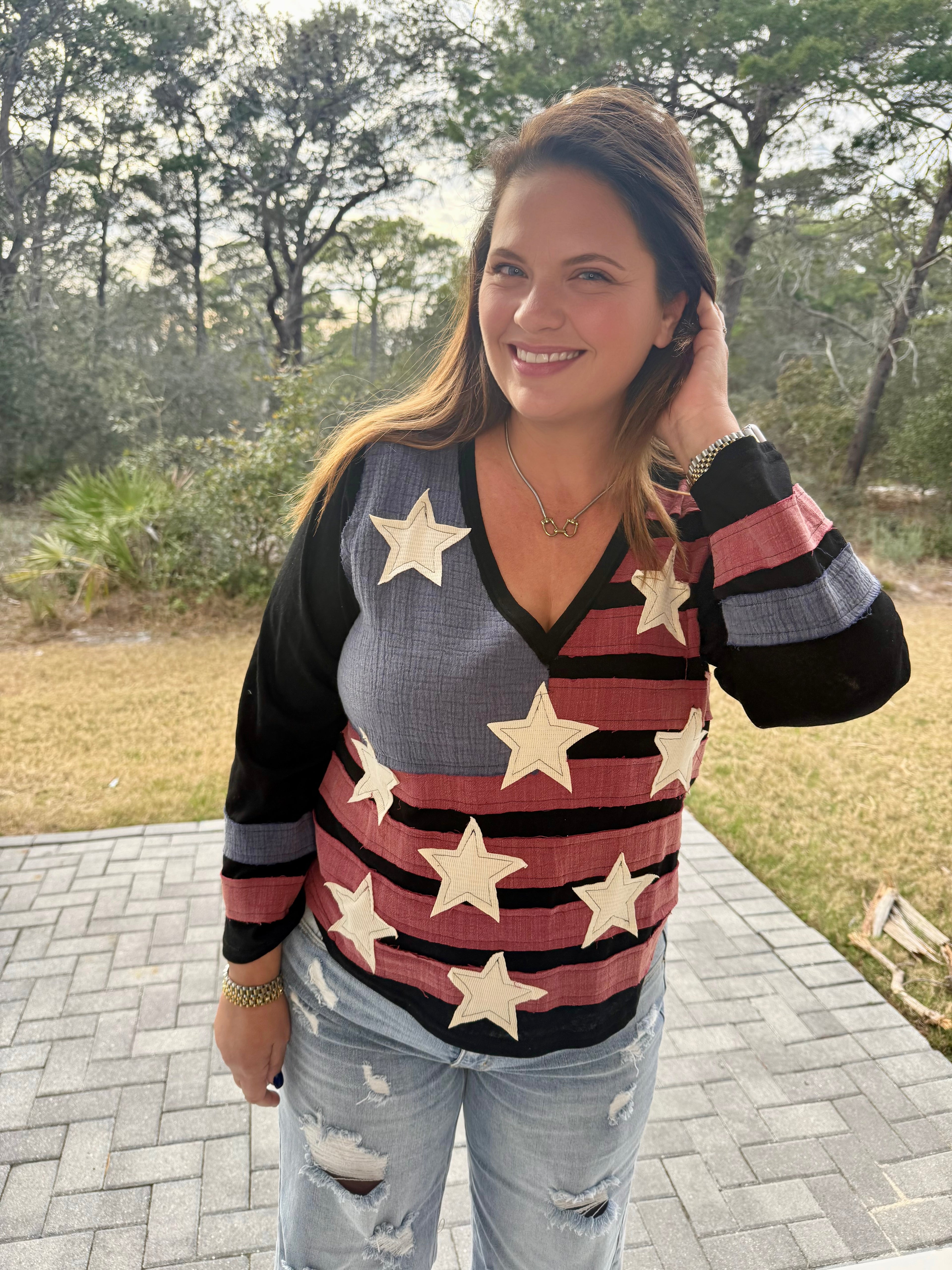 Vintage Washing V-Neck American Flag Patch Long Sleeve Top by POL (Ship time varies) - BFF Here