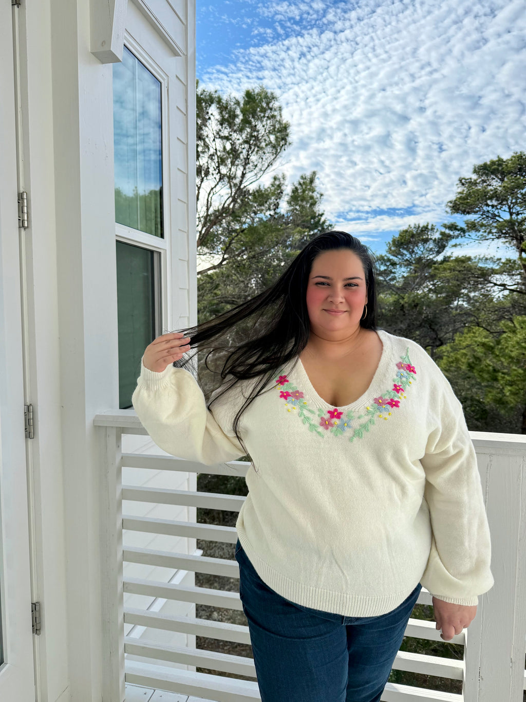 Relaxed Fit V Neck Sweater with Floral Embroidery by Sew In Love (Ships 2-3 weeks) - BFF Here