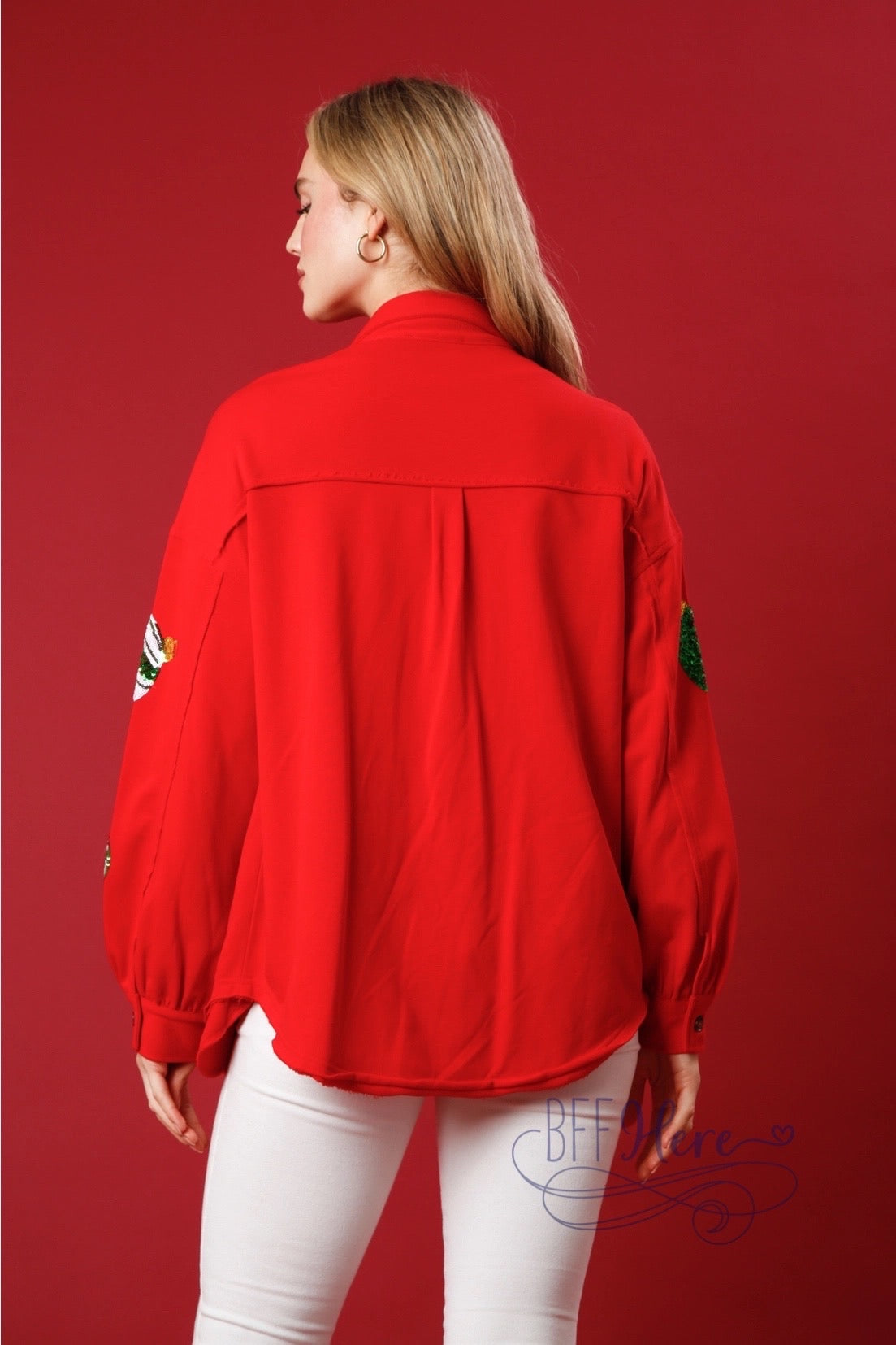 Sequins Christmas Ornaments French Terry Shacket: Holiday Glam Meets Cozy Comfort / Choice of Color - BFF Here