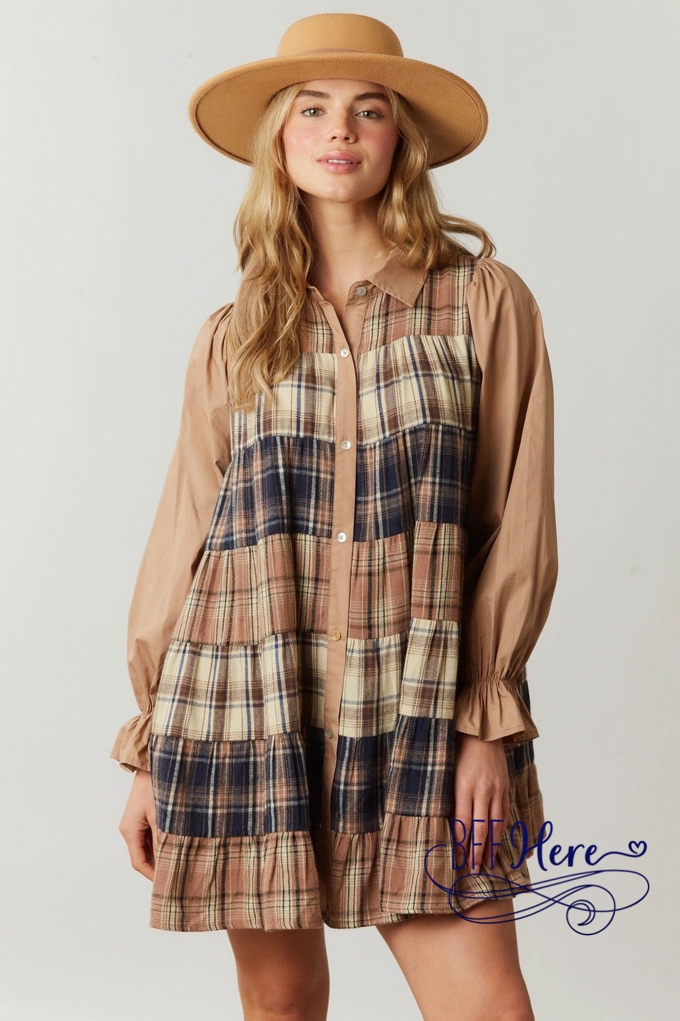 Checkered Charm: Plaid Block Shirt Dress - BFF Here