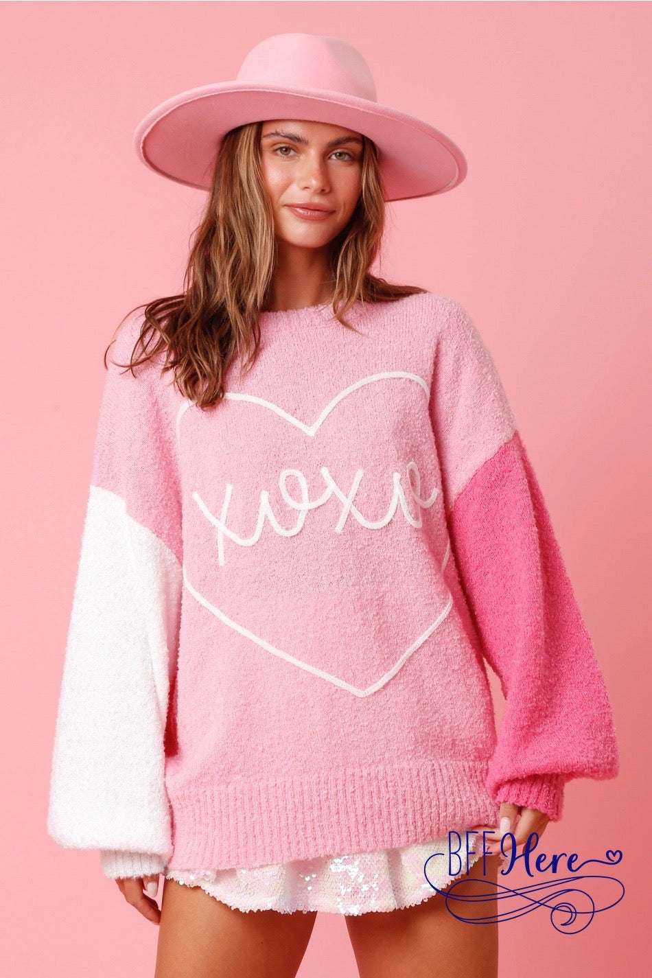 Hugs & Kisses Charm: 'XOXO' Color Block Cozy Sweater - BFF Here