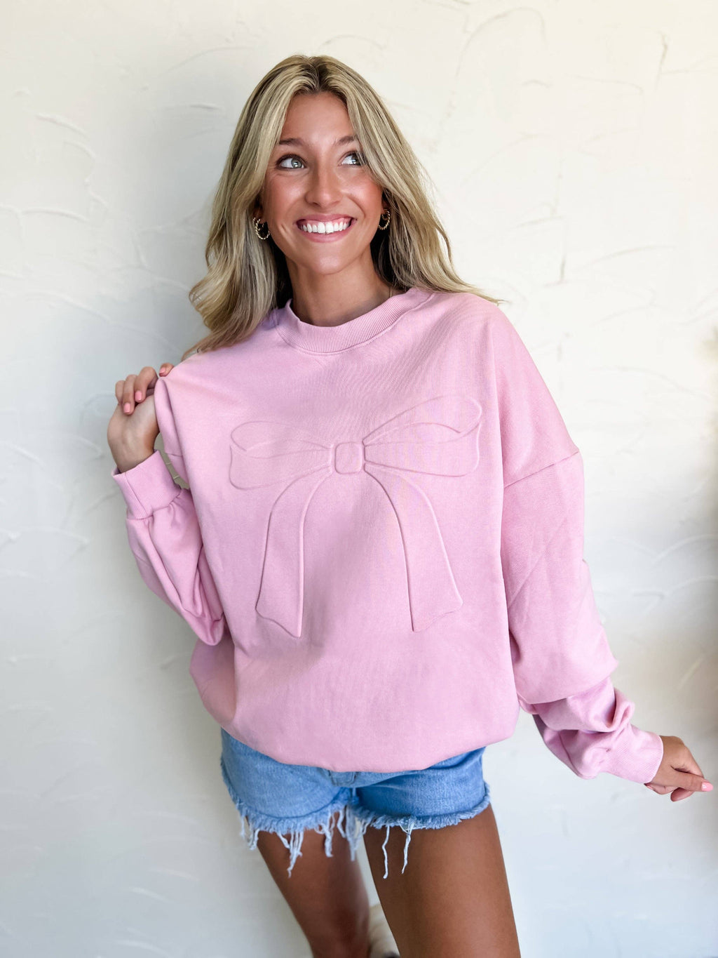 Pretty in Pink Bow Embossed Sweatshirt - BFF Here