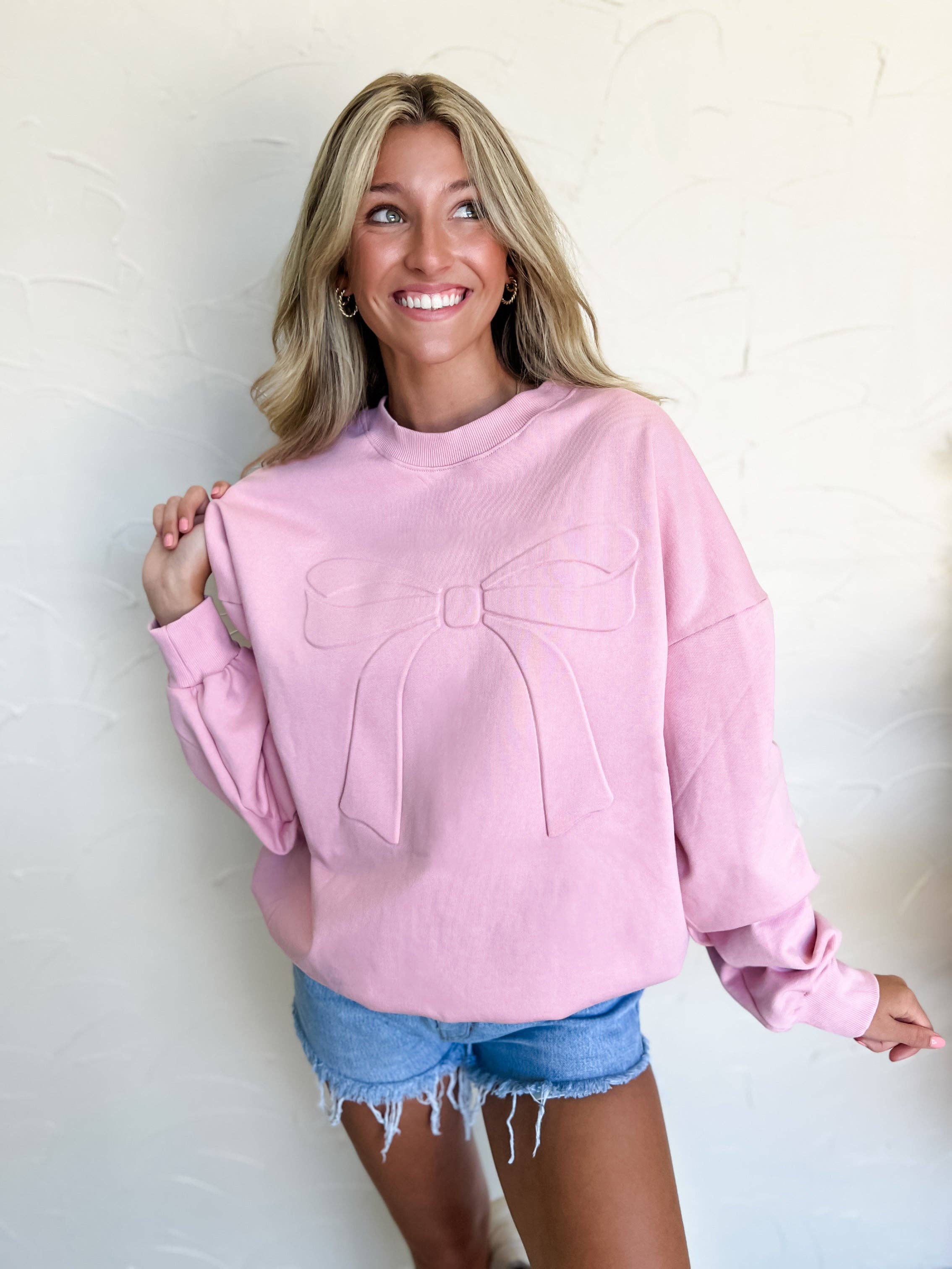 Pretty in Pink Bow Embossed Sweatshirt - BFF Here