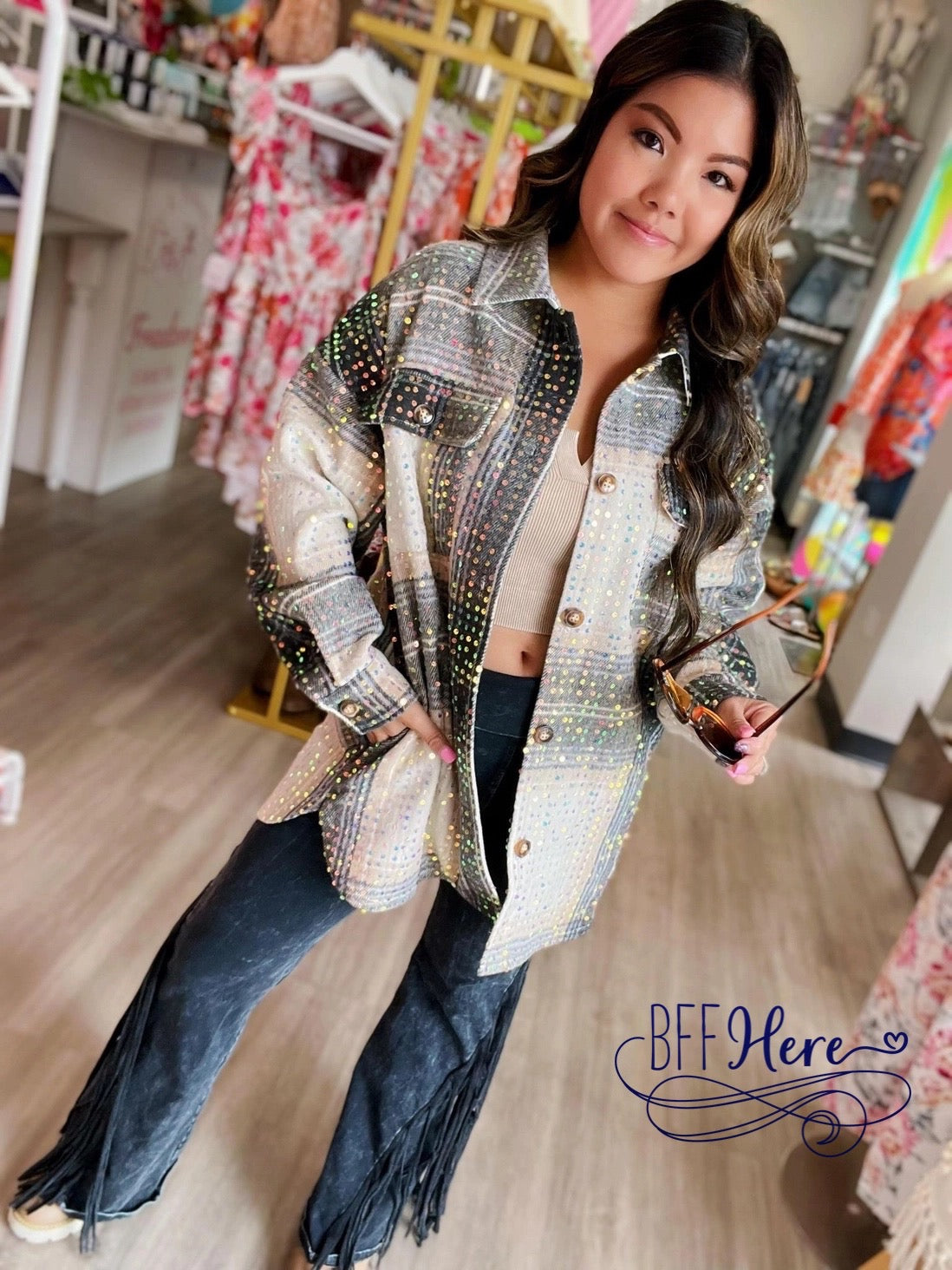 Sparkling Mocha Dream: Sequin-Infused Plaid Shacket Spectacle - BFF Here