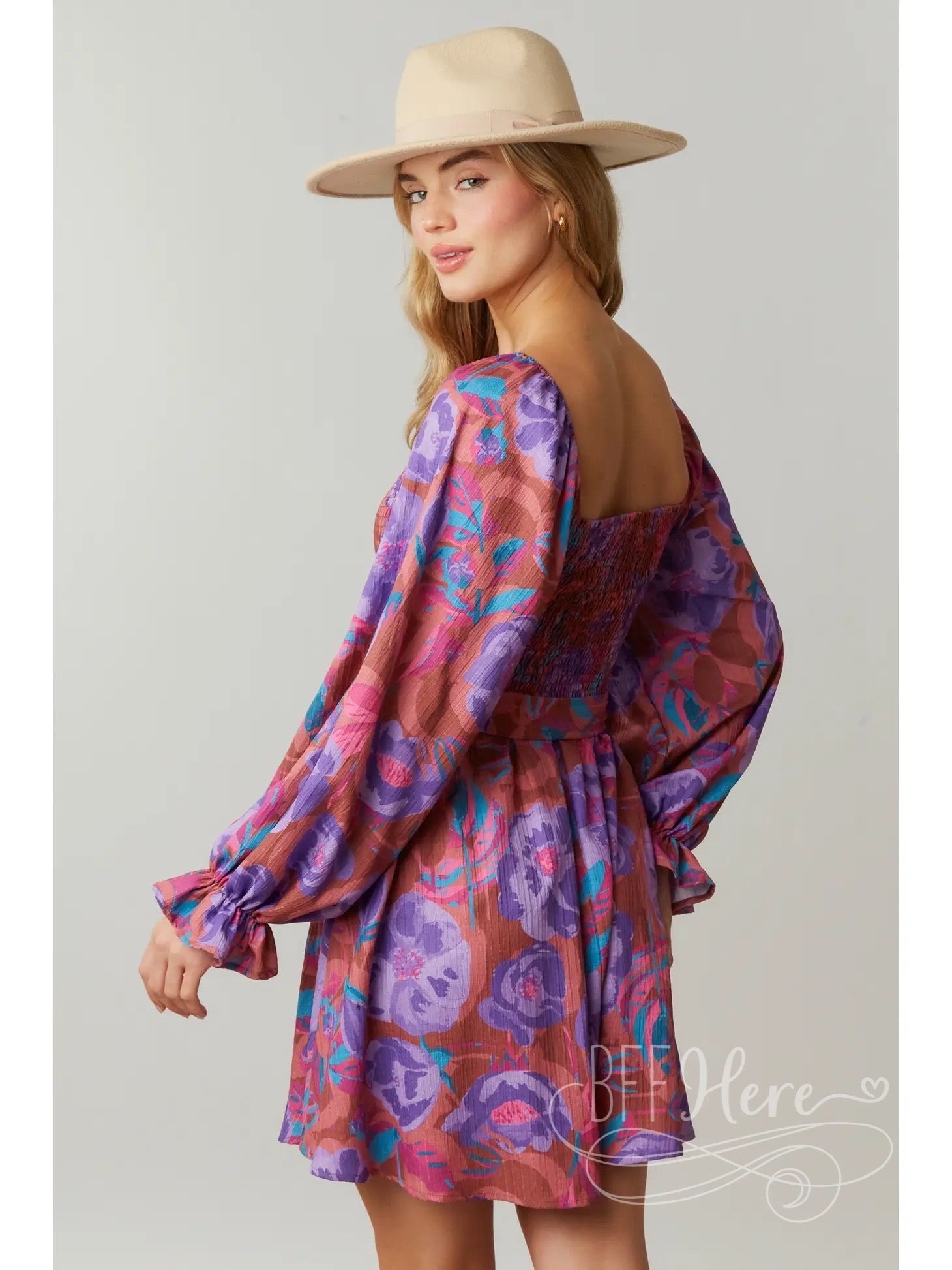 Romantic Garden: Whimsical Floral Smocked Dress with Chic Puff Sleeves - BFF Here