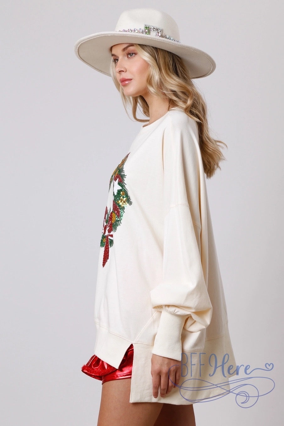 Festive Sparkle Sequin Christmas Wreath Sweatshirt / Choice of Color (Pink Ships Beginning of November) - BFF Here