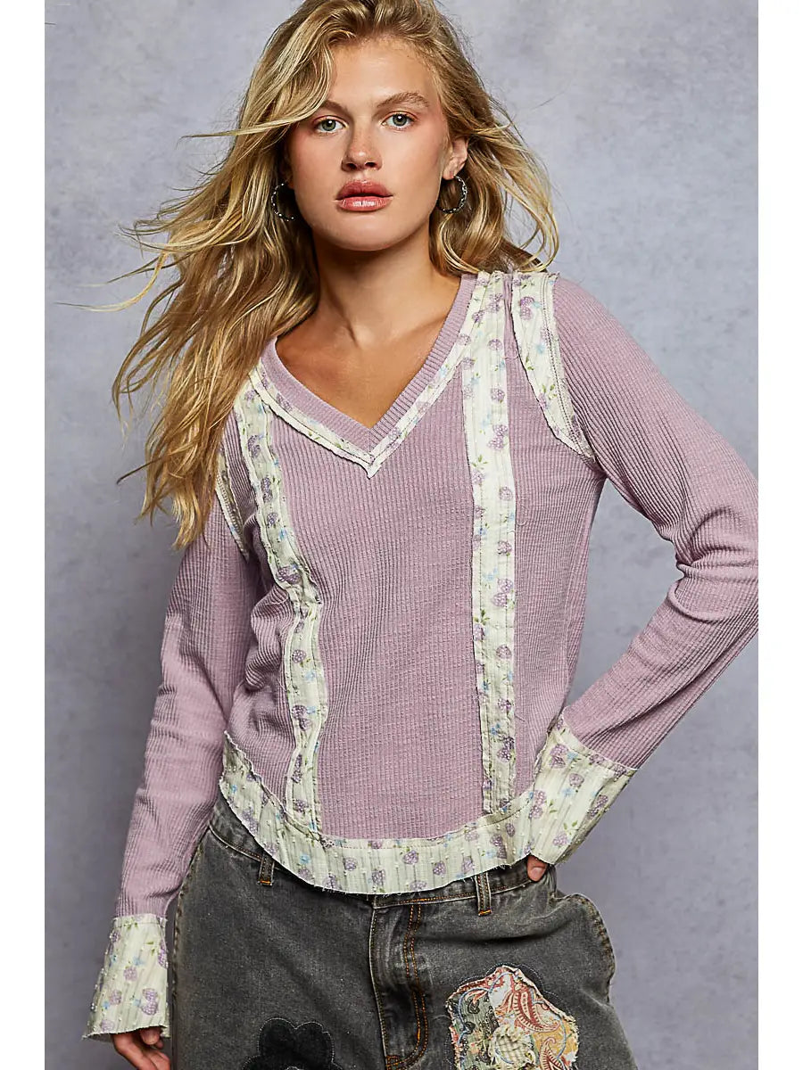 Long Sleeve V Neck Print Patch Ruffle Rib Knit Top by POL (Ships 2-3 weeks) - BFF Here