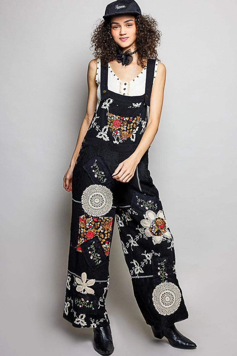 Floral Patch Stitch Detail Wide Leg Woven Overalls by POL (Ships 2-3 weeks) - BFF Here