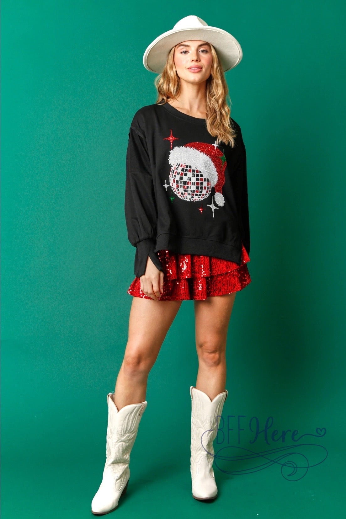 Festive Groove: Sequin Christmas Disco Ball Sweatshirt - BFF Here