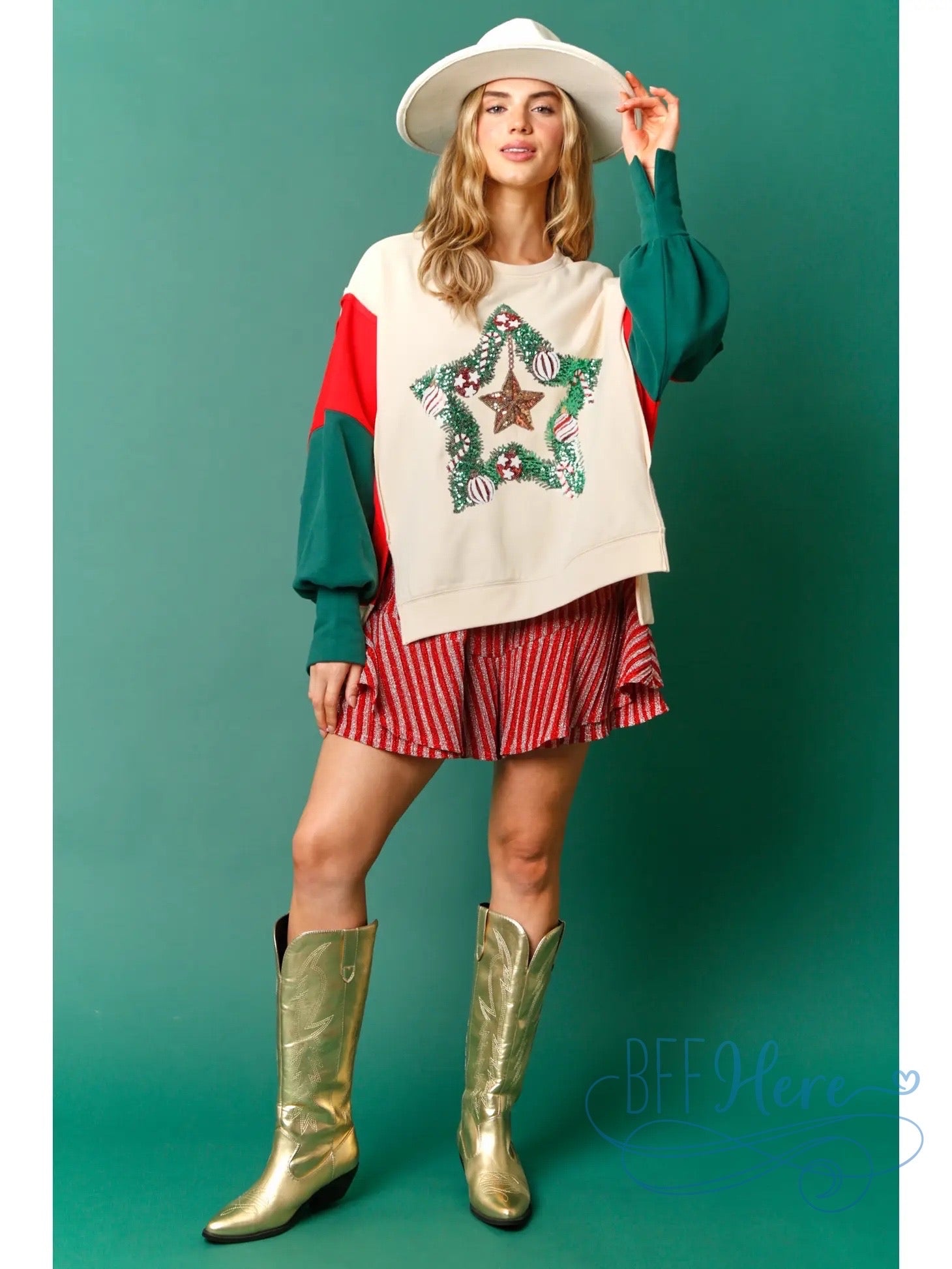 Festive Radiance Christmas Star Color Block Sweatshirt / Choice of Color (Black Ships Beginning of December) - BFF Here