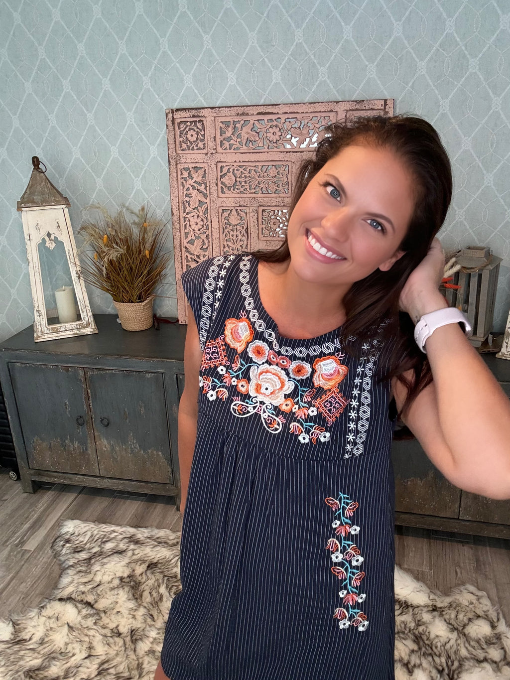 Folk Flair: Navy Sundress with a Pop of Floral Embroidery - BFF Here